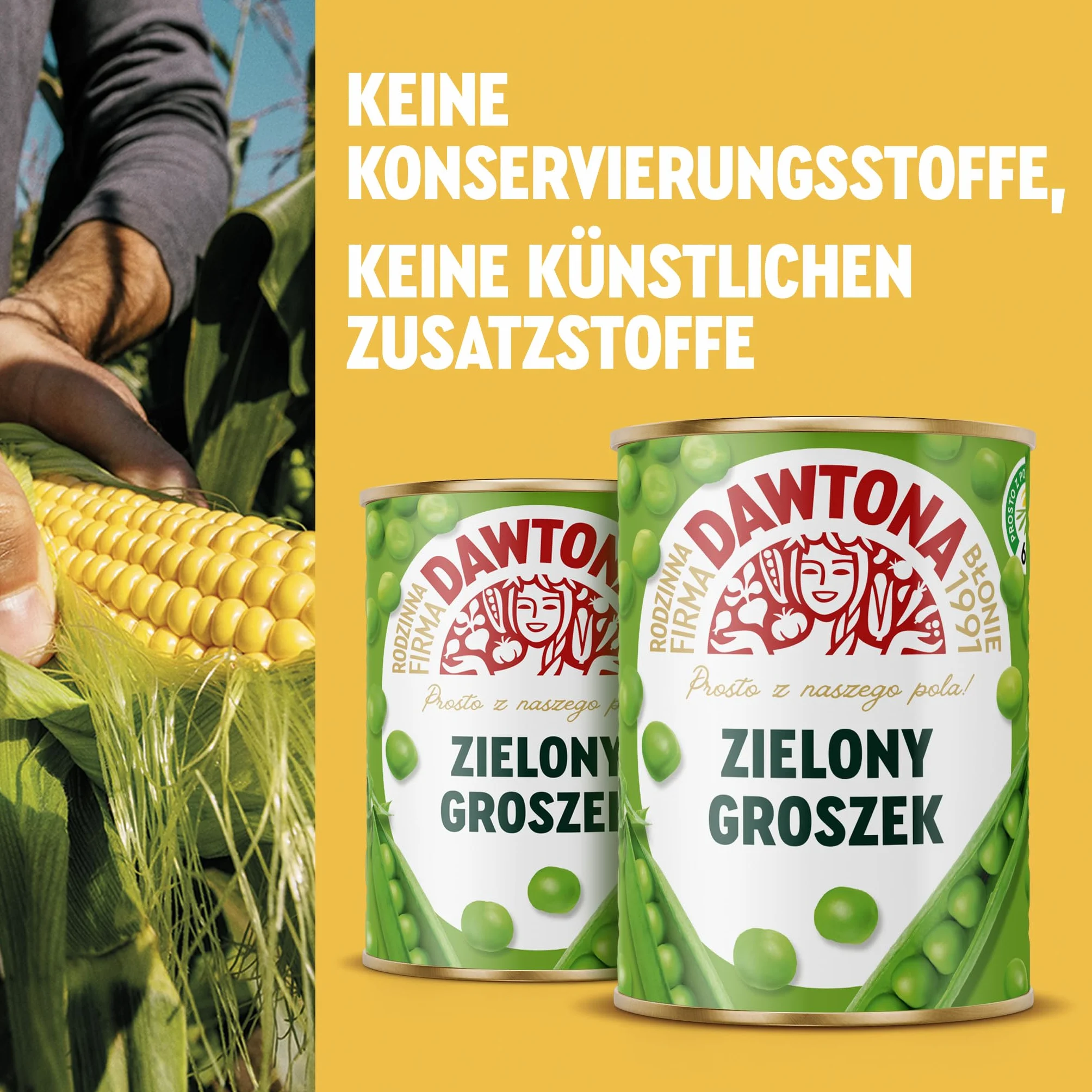 DAWTONA Groszek zielony konserwowy 12 x 400g - Bez konserwantów i sztucznych dodatków - Gotowa do spożycia - Idealny do zup, dodatków i dań jednogarnkowych