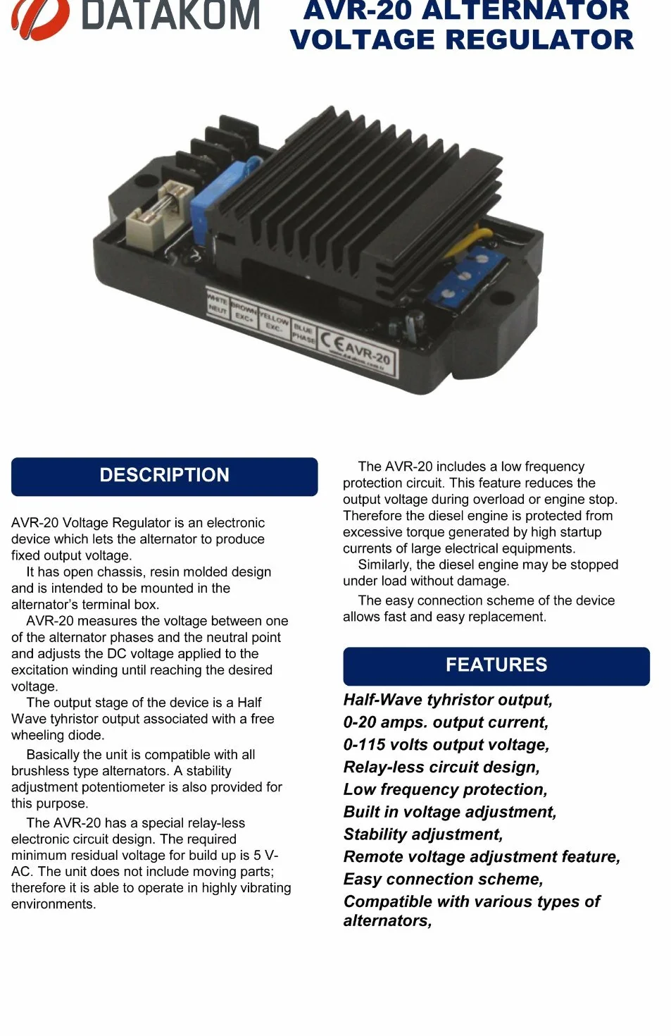 Oryginalny DATAKOM AVR-20 automatyczny regulator napięcia do generatorów ...