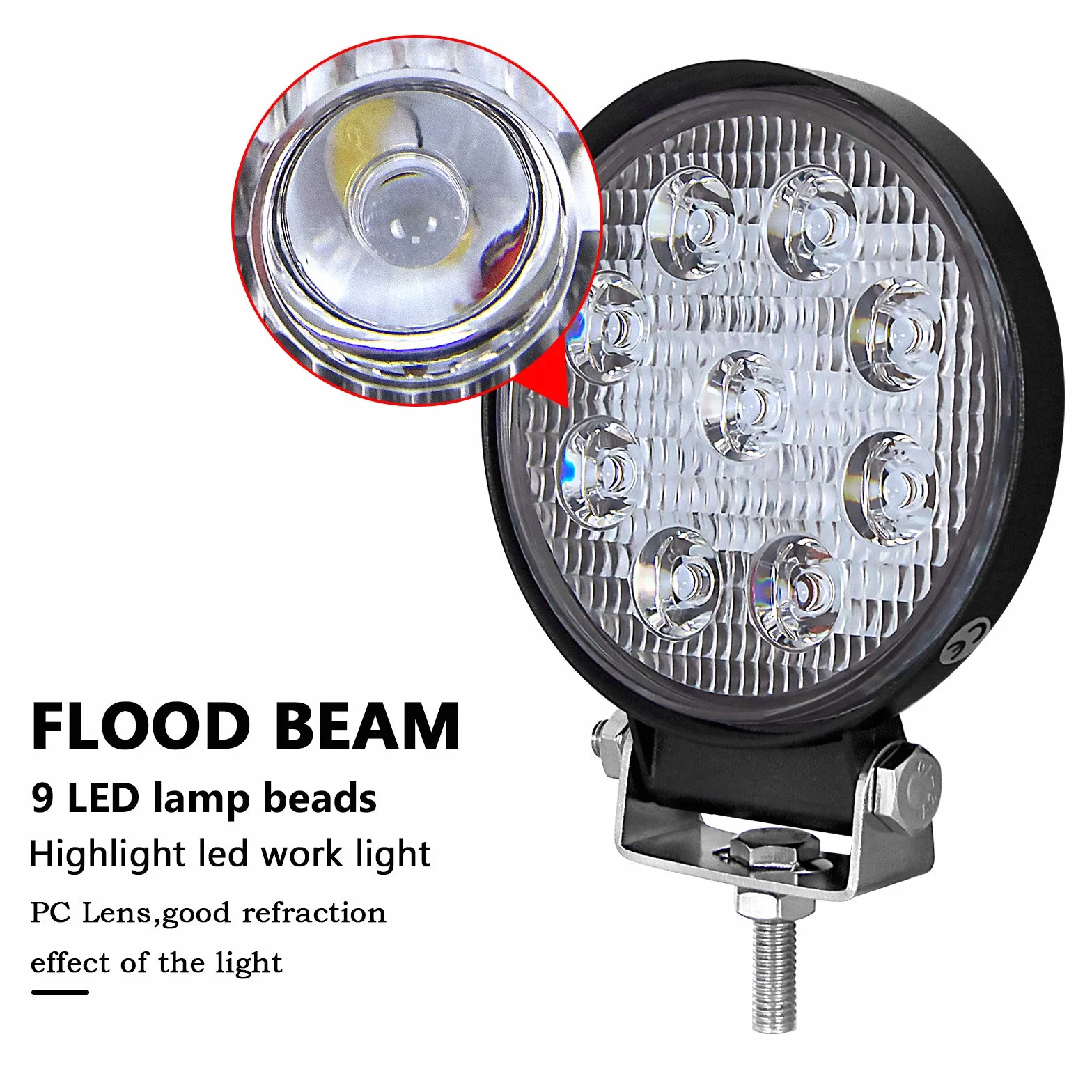 PICAA Reflektor LED 2PCS 4 cal 27W Okrągły LED Flood Light Ciągnik 12V-24V 6000K Reflektory LED do ciągników IP68 Wodoodporne światło przeciwmgielne Samochód,SUV, UTV, ATV,