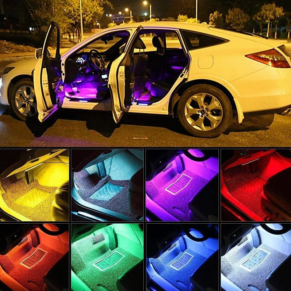 Oświetlenie wnętrza samochodu, 4 w 1, wodoodporne akcesoria LED do samochodu RGB taśmy LED dekoracja samochodu z muzyką aktywowaną dźwiękiem i pilotem zdalnego sterowania, idealne prezenty (RGB)
