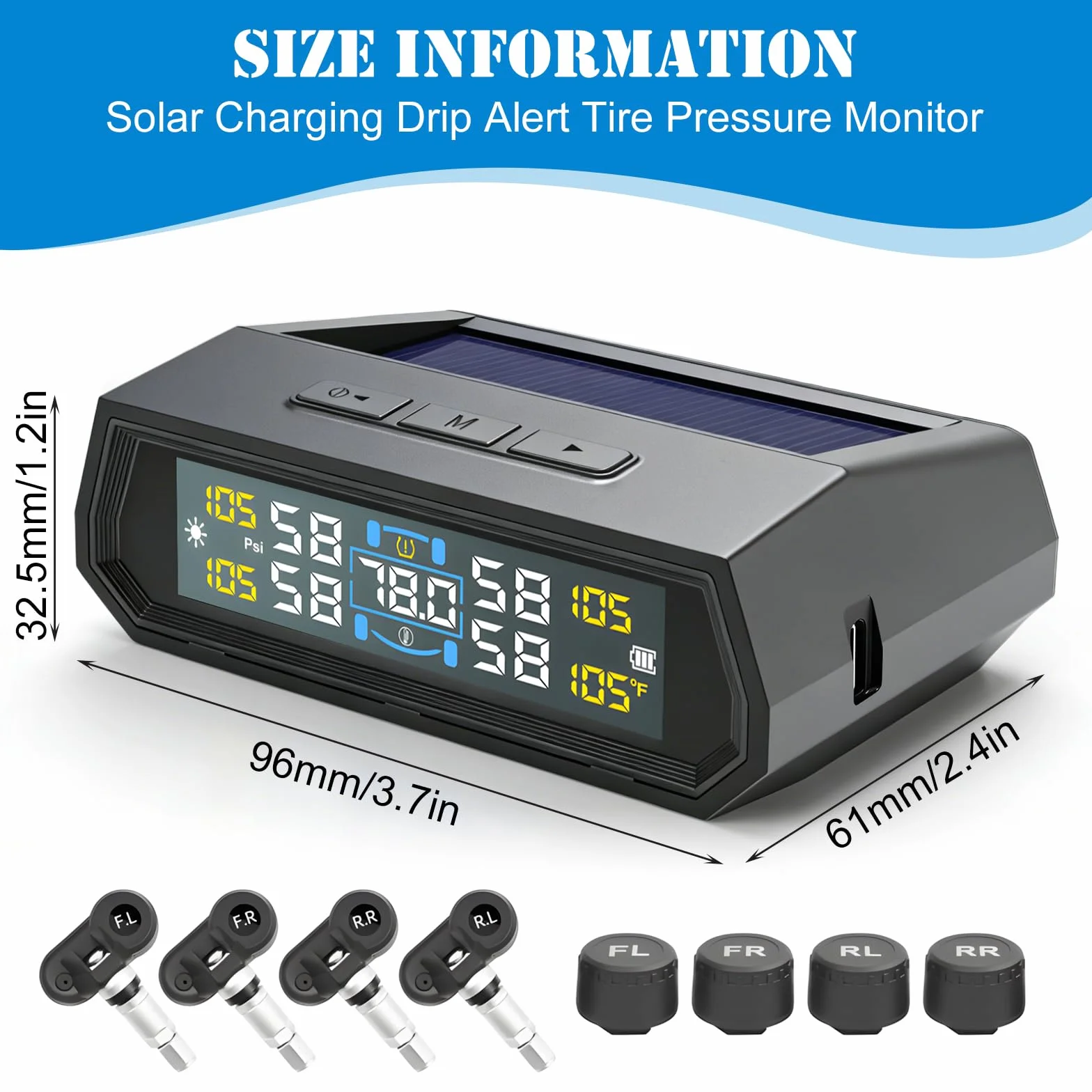TPMS system kontroli ciśnienia w oponach, zasilany energią słoneczną, cyfrowy system kontroli ciśnienia w oponach TPMS z 4 czujnikami zewnętrznymi, wodoszczelność IPX7, mini monitorowanie ciśnienia w