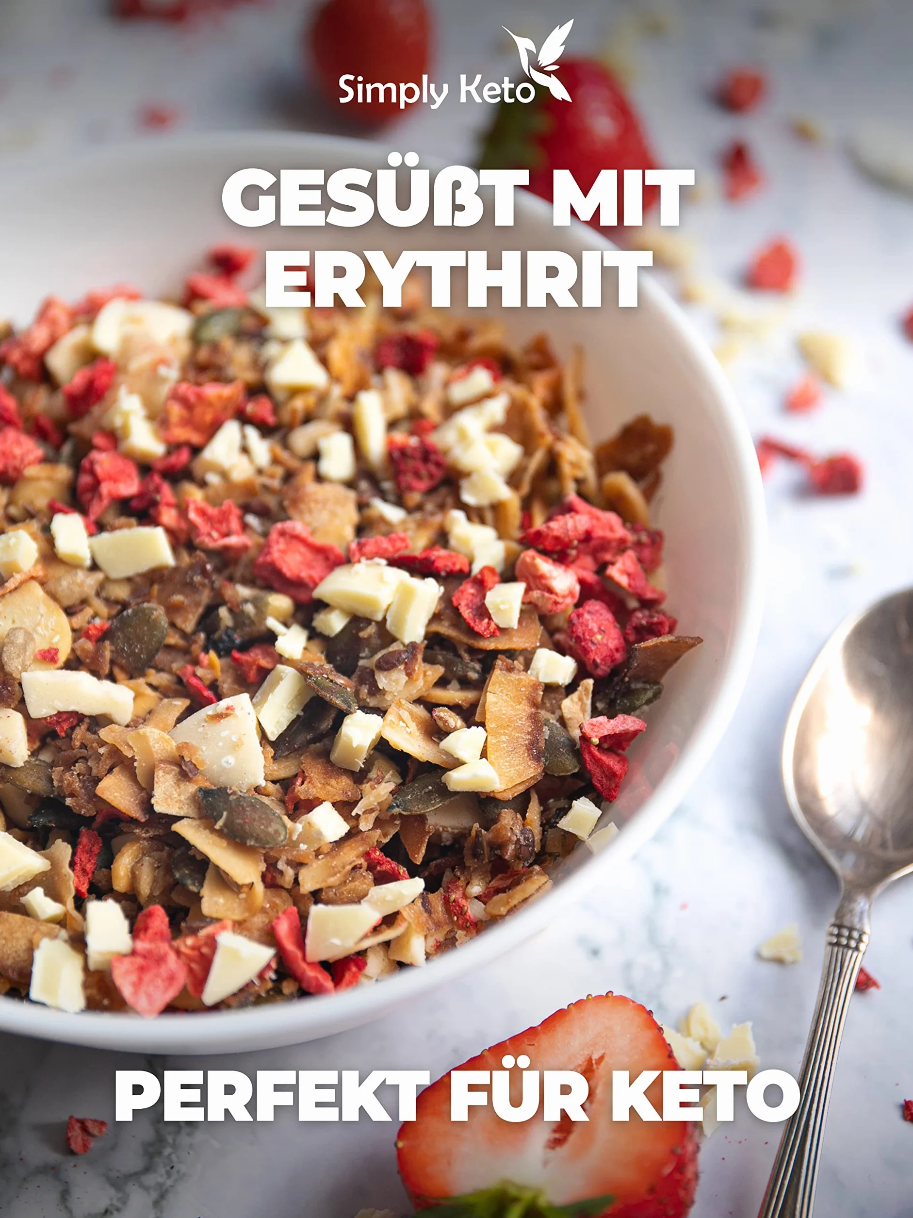 Simply Keto Niski poziom węglowodanów Erdbeer Knusper Granola z białą czekoladą bez dodatku cukru 250g