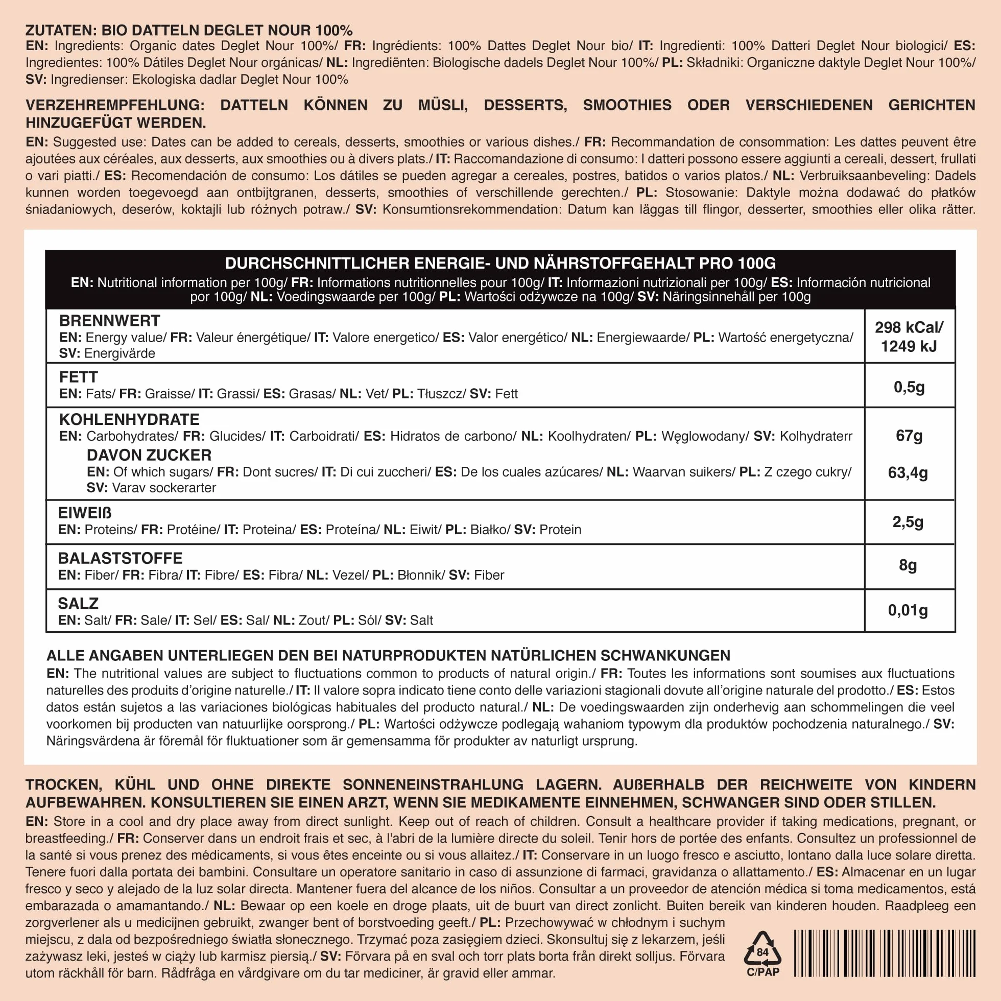 Munchilycious Ekologiczne Daktyle Deglet Nour Bez Pestek 1kg, Suszone Daktyle Bez Pestek
