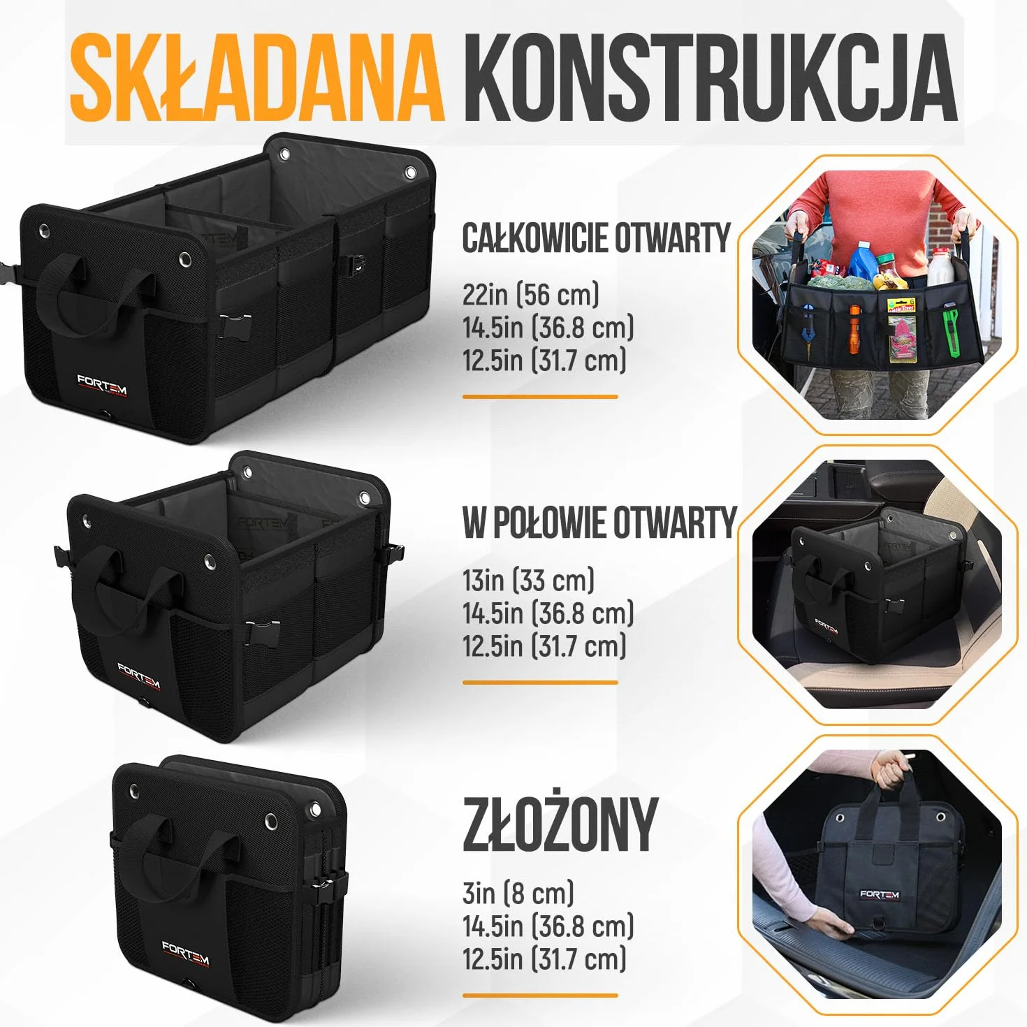 FORTEM Organizer Bagażnika Samochodowego SUV, Składany z Przegródkami, Antypoślizgowy Spód, Regulowane Pasy Mocujące, Składana Pokrywa, Praktyczne Przechowywanie Akcesoriów (65L)