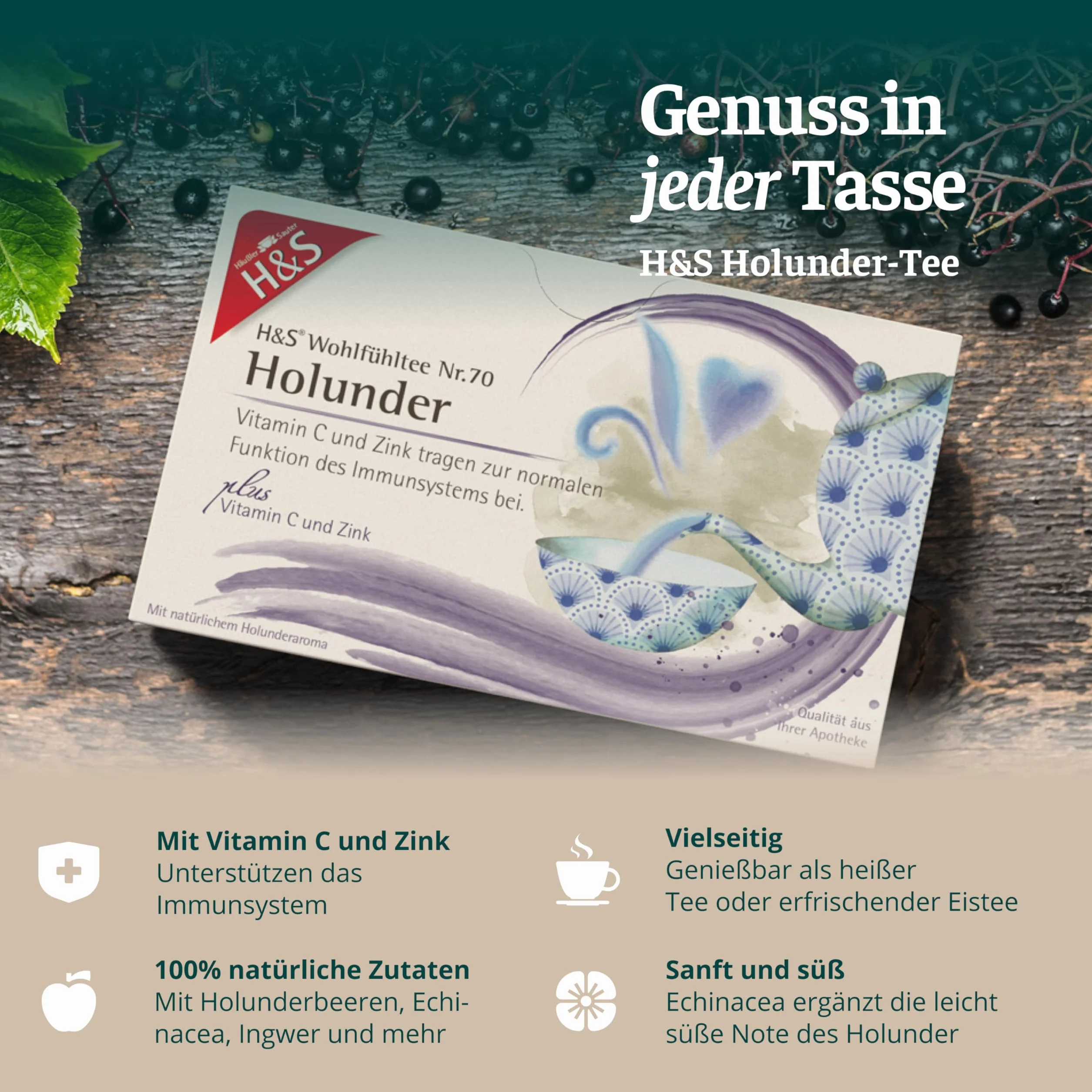 H&S Herbata Holunder z witaminą C i cynkiem, 20 x 2,5 g