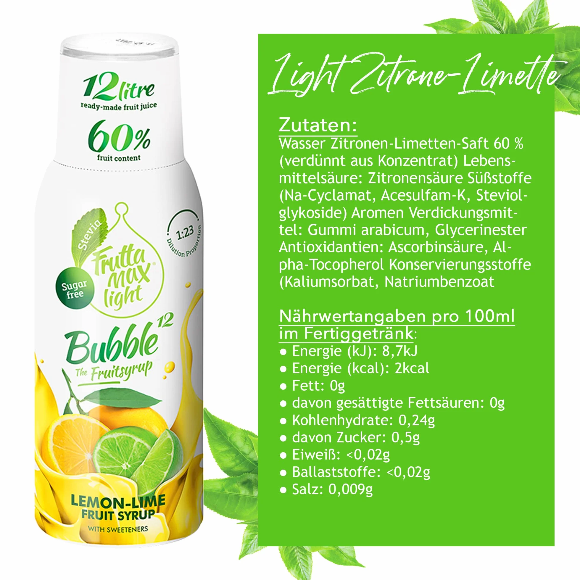Light - Niskowęglowodanowy - Syrop Fitness by FruttaMax | Zero cukru | ze Stewią | 50% zawartość owoców 500ml (Cytryna-Limonka - Light)