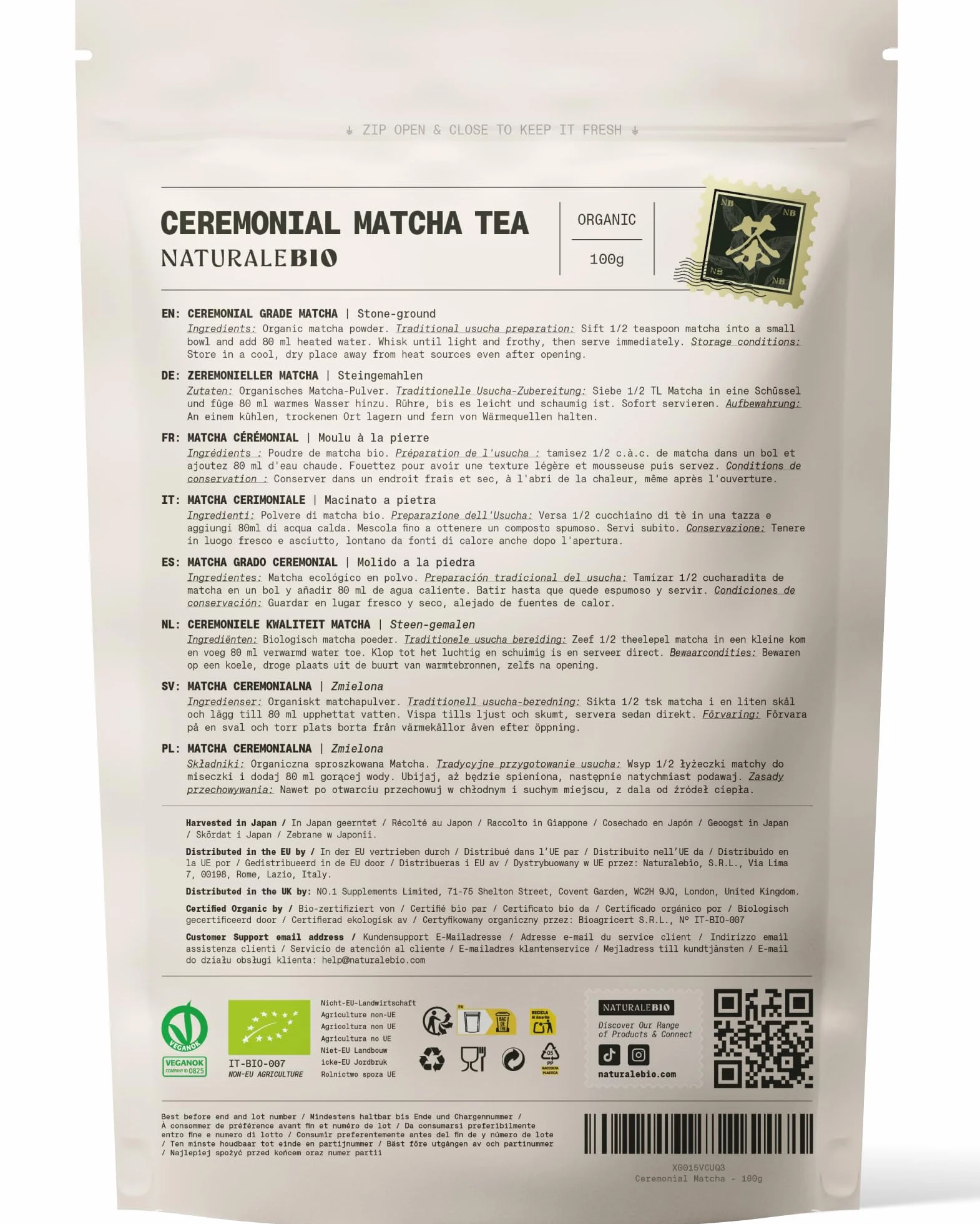 NaturaleBio Herbata Matcha Organiczna Gatunek Ceremonialny - Proszek Zielonej Herbaty 100g z Uji Kyoto Japonia - Bio Certyfikat Europejski - Idealna do Ceremonii Herbacianej i Latte