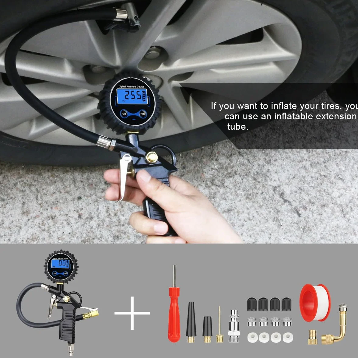 Cyfrowy miernik ciśnienia w oponach URAQT, manometr do opon 220 PSI z wyświetlaczem LCD, pompka do opon o dużej wytrzymałości, narzędzie pneumatyczne z wężem gumowym i szybkozłączem, uchwyt powietrza