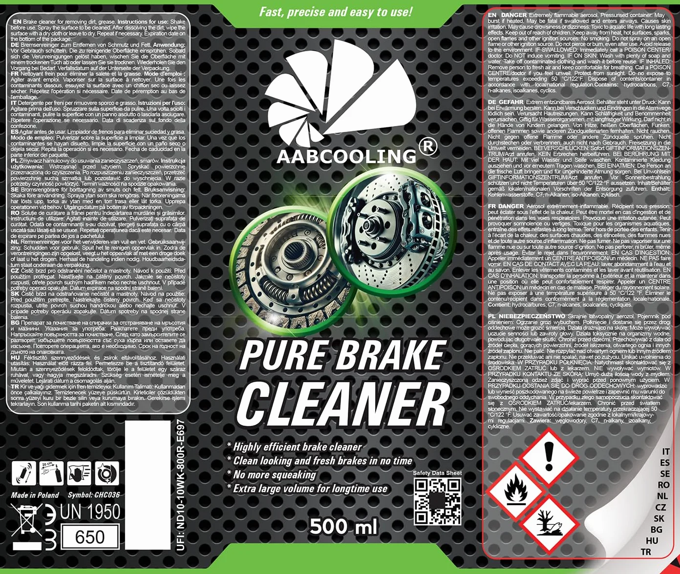 4x AABCOOLING Brake Cleaner 500ml Profesjonalny Środek do Czyszczenia Hamulców, Zmywacz Hamulcowy, Usuwa olej, smar i brud, Szybkoschnący, Czyści Sprzęgła, Hamulce Tarczowe i Bębnowe