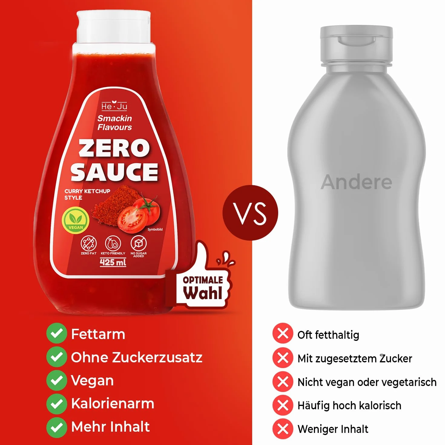 Zero Sauce Curry Ketchup, 1x 425ml sauce light, sans graisse et sans sucre ajouté, végétalien et sans gluten, adapté au régime céto (425 ml (1 paquet), Curry Ketchup Style)