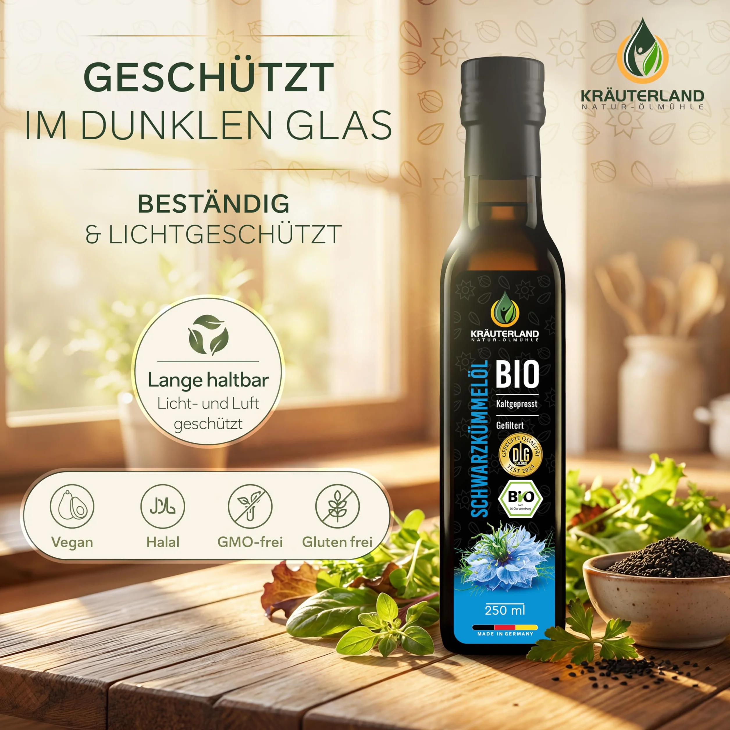 Kräuterland - organiczny olej z czarnuszki, filtrowany 2x250ml - 100% czysty, delikatnie tłoczony na zimno, egipski, wegański - gwarancja świeżości: świeżo mielony codziennie bezpośrednio od producenta