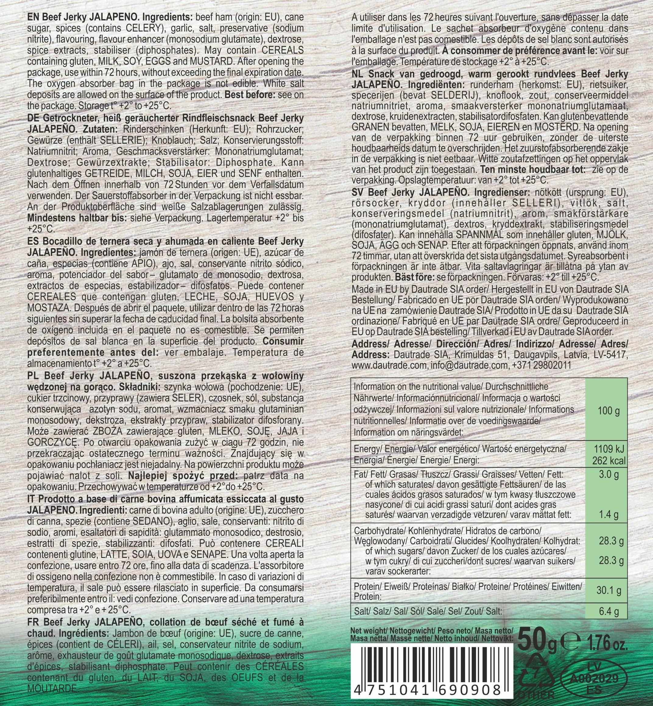 Viking Bites Beef Jerky Mixed box - 400 g (8 x 50 g) – mieszanka suszonej wołowiny, pudełko - 2x Oryginalna, 2x Jalapeno, 2x Barbecue, 2x Teriyaki – Przekąska mięsna o wysokiej zawartości białka