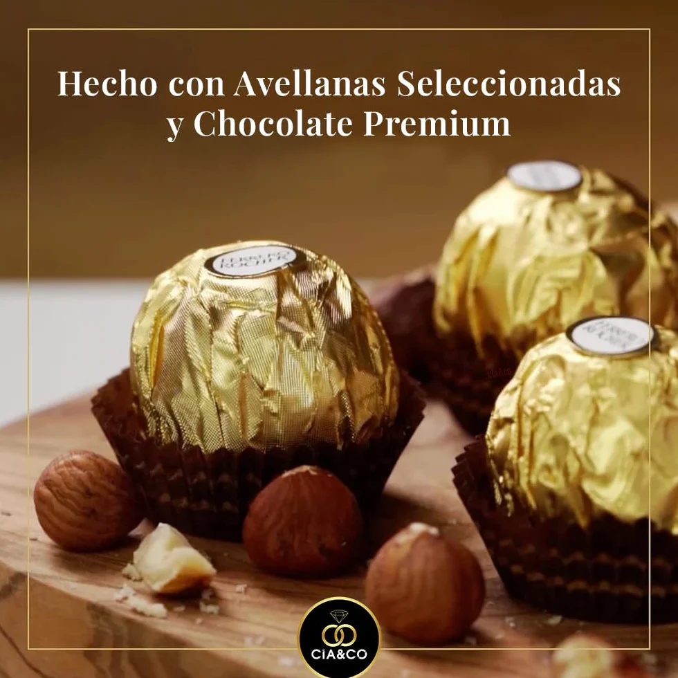 Zestaw 42 Pralin Ferrero Rocher 525 g + Personalizowana Kartka Cía&Co · Edycja Specjalna na Prezent · Praliny z Czekoladą i Orzechem Laskowym · Upominek Premium na Boże Narodzenie