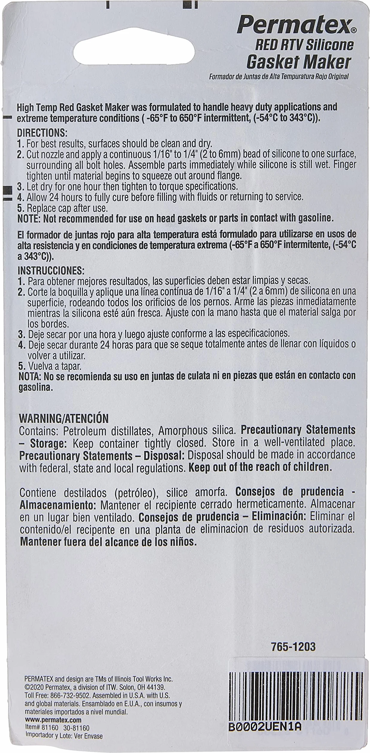 Permatex 81160 wysokotemperaturowa czerwona uszczelka silikonowa RTV: Nadaje się do kolektora wydechowego, głowicy, turbosprężarek i części wydechowych, odporna na temperaturę (do 343°C), bezpieczna