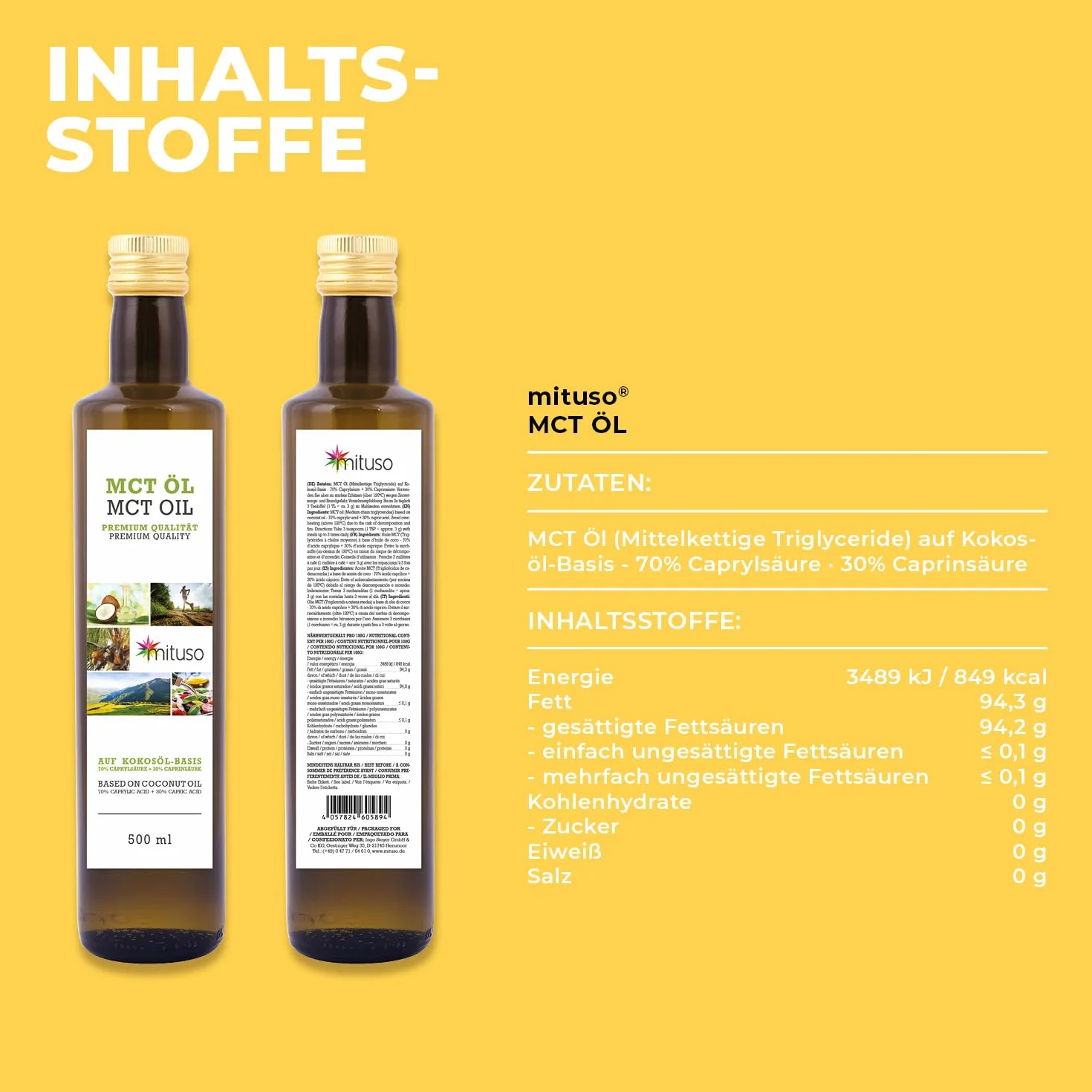 mituso MCT olej na bazie oleju kokosowego – 2 x 500 ml | 70% kwas kaprylowy (C8) i 30% kwas kaprynowy (C10) kwasy tłuszczowe | 100% czysty olejek MCT bez smaku – bez cukru, bez GMO