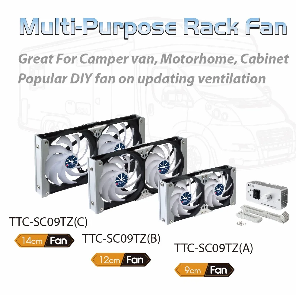 TITAN - Wielofunkcyjny wentylator wentylacyjny 12 V/ 24 V DC 90 mm montowany w stojaku podwójny lodówka z regulatorem prędkości do kampera, przyczepy kempingowej - TTC-SC09TZ (A)