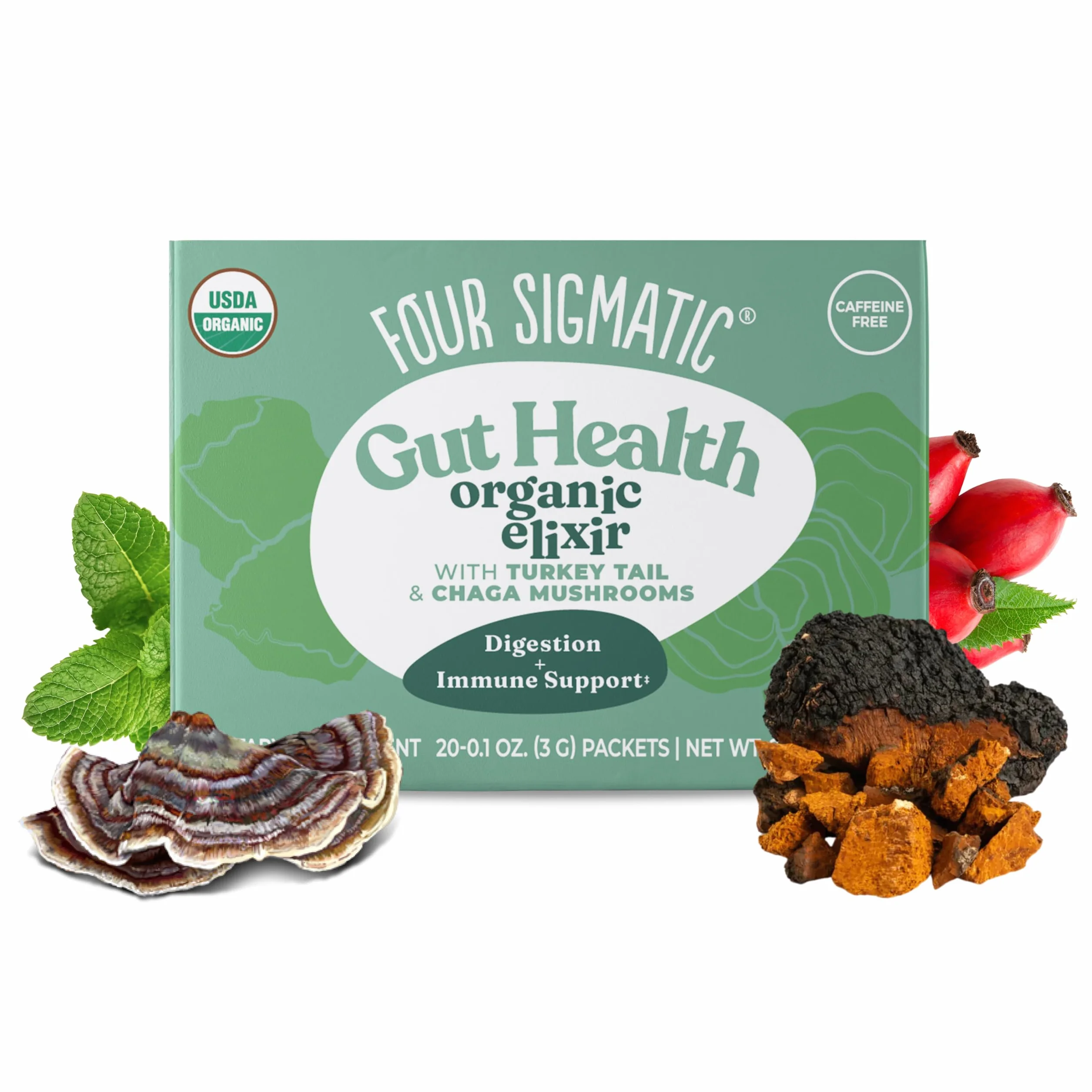 Four Sigmatic Chaga Mushroom Elixir | Coffee Alternative with Organic Chaga Mushroom Powder, Rose Hips & Mint | Immune Support & Overall Wellness, 0.1 Oz (Pack of 20)