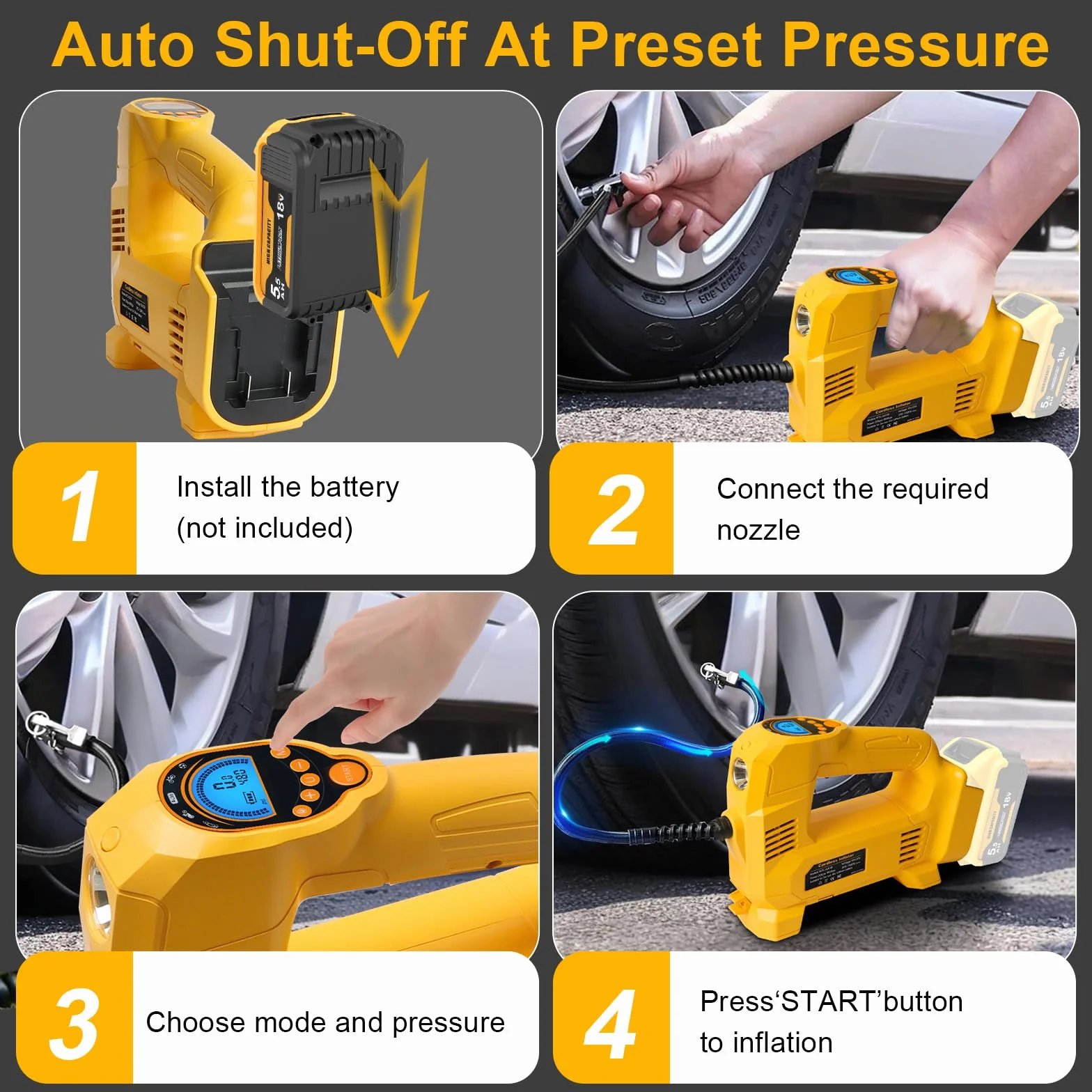 QUPERR bezprzewodowy kompresor kompatybilny z akumulatorem Dewalt 18V, do 10,34 bar, z LED i auto-stop, przenośna pompka do auta, motocykla, roweru i piłek (bez akumulatora)