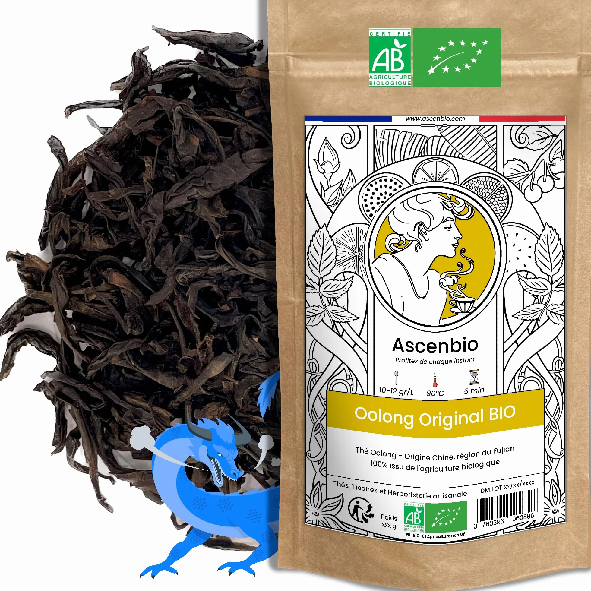 Ascenbio Oryginalna organiczna herbata Oolong: niebieska herbata smoka, półoksydowana 180g ✿ Przygotowana i pakowana we Francji ✿ Opakowanie biodegradowalne