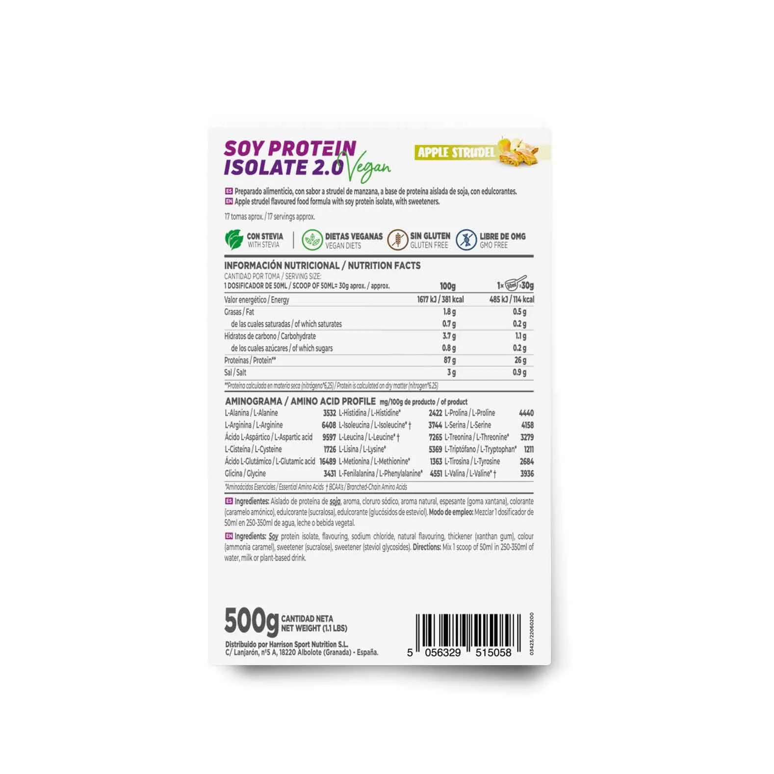Białko sojowe izolowane HSN | Smak szarlotka 500 gr = 17 sztuk w opakowaniu | 100% wegańskie | am Protein Isolate | No-GMO, Bez glutenu