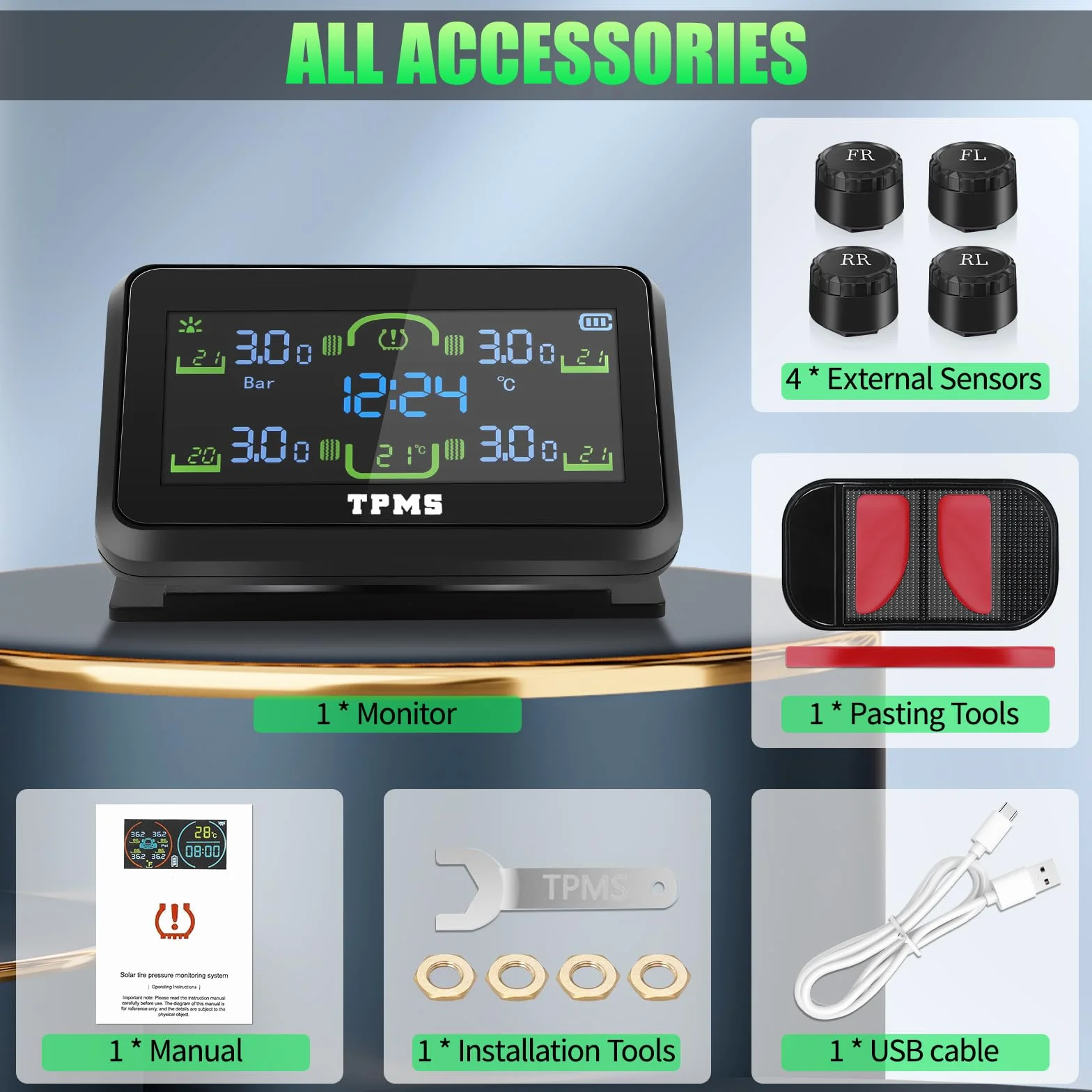 TPMS system kontroli ciśnienia w oponach, ze zdejmowanym uchwytem, ładowanie solarne/USB, 5 systemów alarmowych, 4 zewnętrzne czujniki ciśnienia w oponach, do samochodów ciężarowych, przyczep