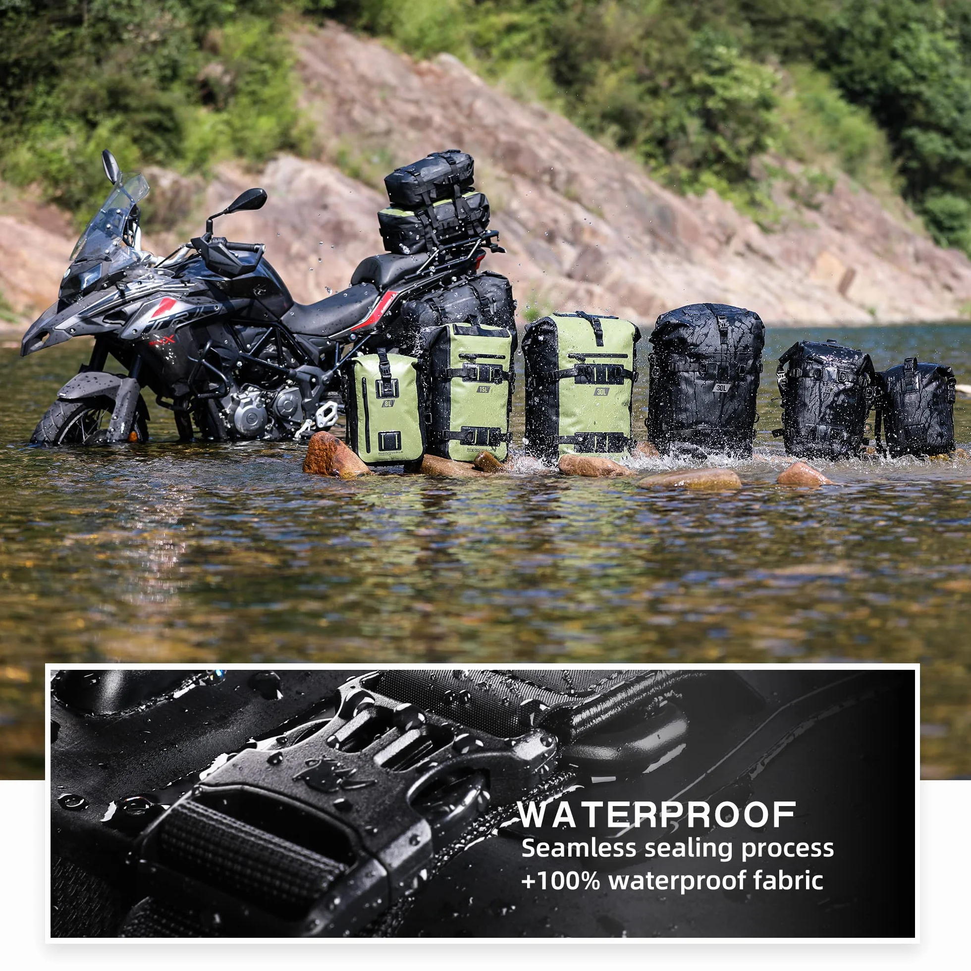 Rhinowalk Wodoodporna Torba Motocyklowa 8/15/30 l - Na Siodełko, Bagażnik, Silnik - Tylna, Boczna