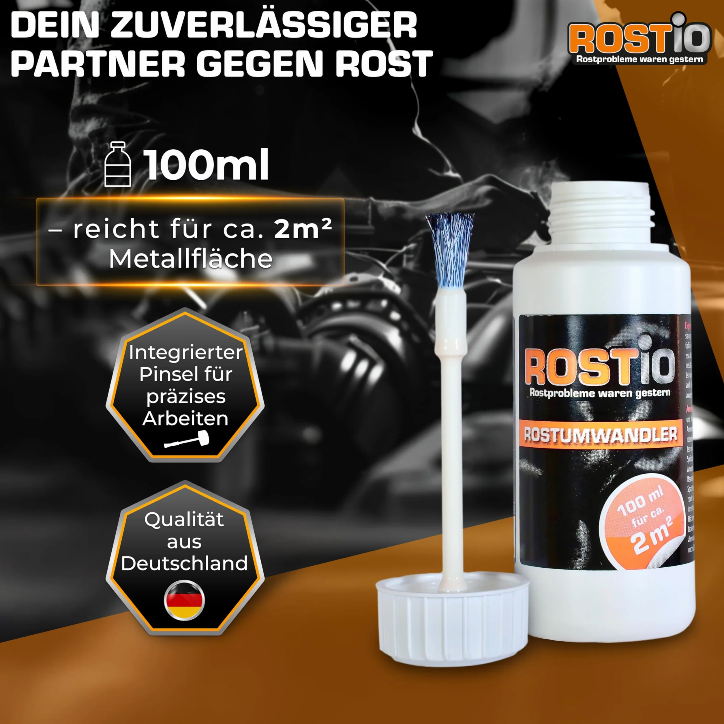 Rostio Odrdzewiacz 100 ml – środek do usuwania rdzy z pędzlem – konwerter rdzy i podkład – do samochodu, stali i żelaza – bez zmywania – nadaje się do lakierowania po 6-8 h – wydajna do 2 m²