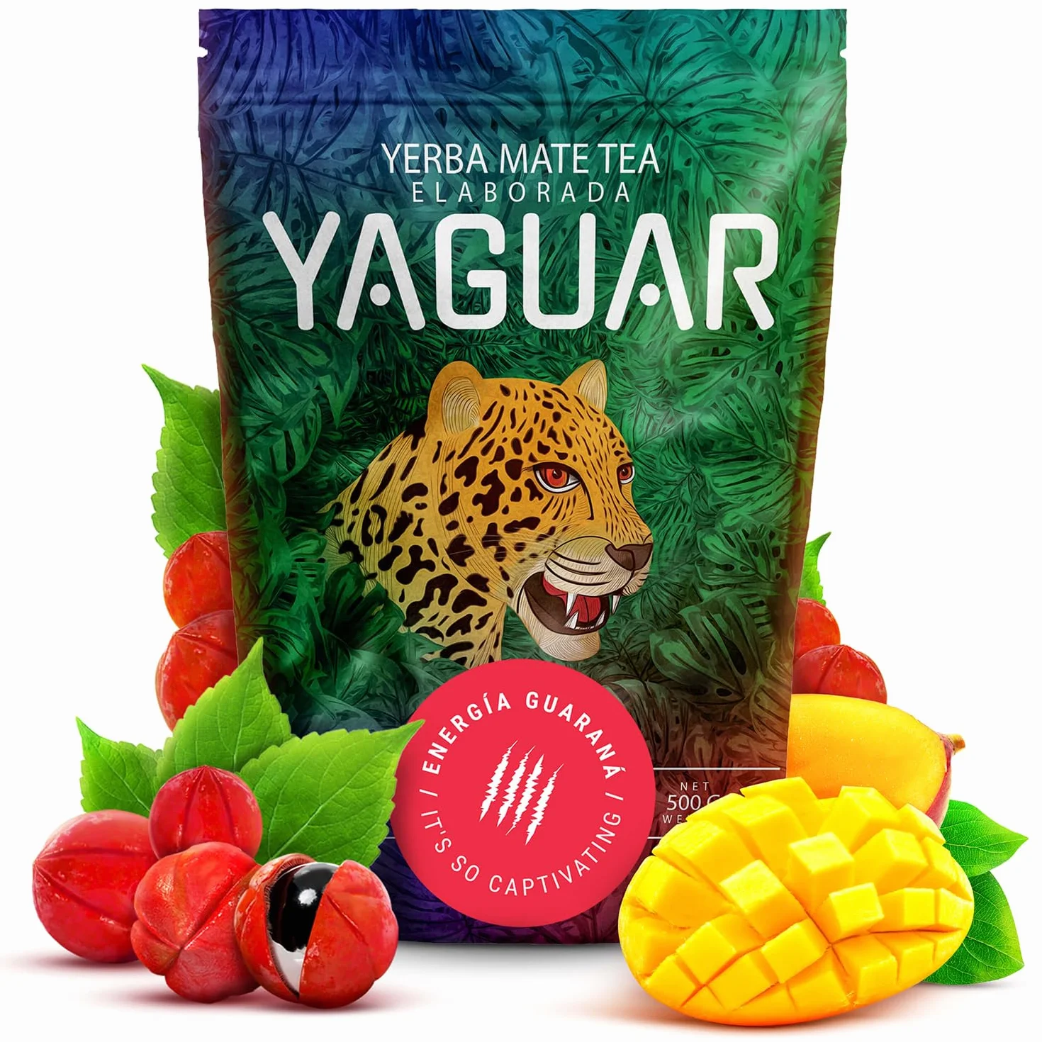 Yaguar Energia Guarana 0,5 kg | Mocno pobudzająca yerba mate z Brazylii | Wspaniały smak | Moc naturalnej kofeiny | Herbata Yerba Mate z guaraną 500 g | Tradycyjne metody produkcji