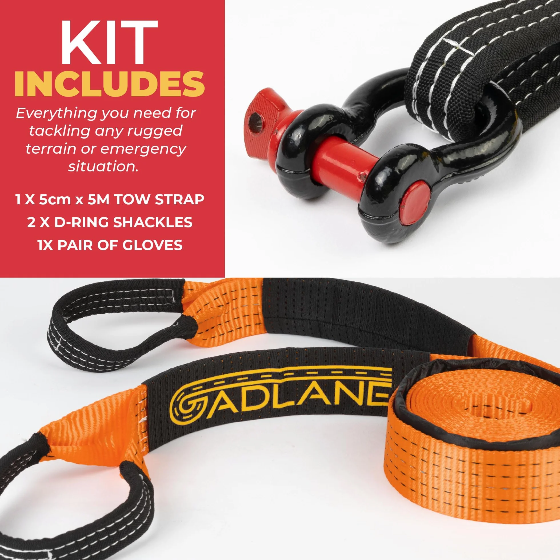 GADLANE Lina holownicza Hi Vis – grubość 5 m x 5 cm, pojemność 10 ton (10 kg) odporny na zużycie poliester ze wzmocnionymi końcami, pasek holowniczy powlekany promieniowaniem UV, wytrzymałe szekle