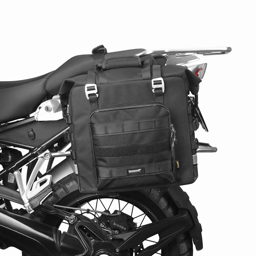 Rhinowalk Torba na siodełko motocyklowe, wodoodporna, szybkie odpinanie, torba boczna motocykla, 25 l, pasuje do większości stojaków motocyklowych na rower przygodowy i sportowy (czarna, 1 opakowanie)