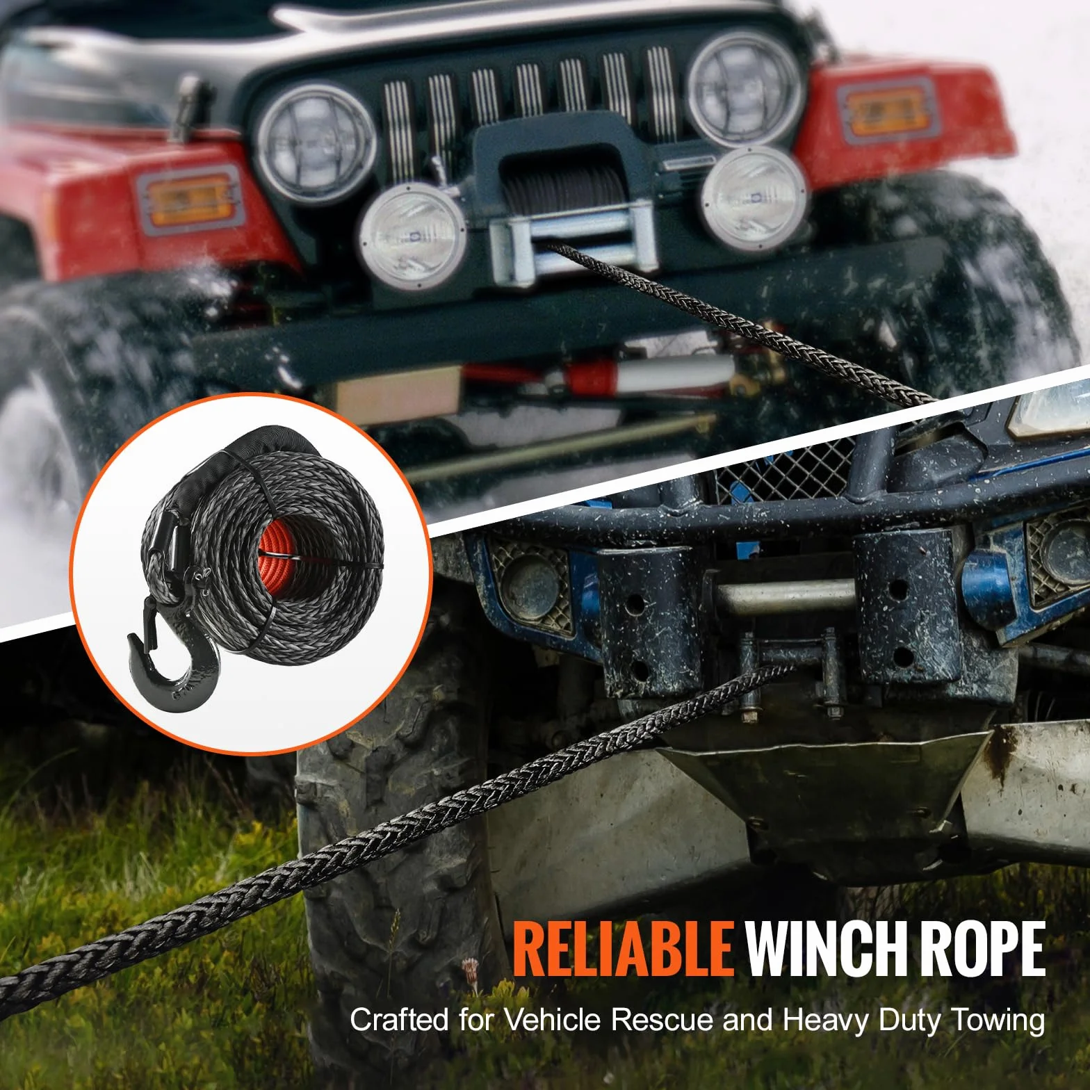 VEVOR Lina wyciągarki 4,8 mm x 15,2 m Kabel syntetyczny o wytrzymałości na rozerwanie 37,1 kN z tuleją ochronną, ogranicznik, hak wyciągarki, pasek trakcyjny do ATV, UTV, holowanie pojazdów