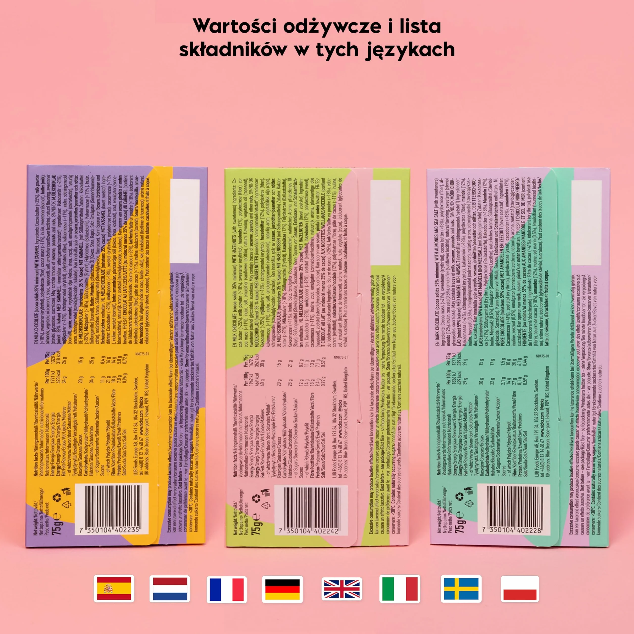 NICKS Mieszanka bloków czekolady, bloki czekolady keto bez dodatku cukru, bezglutenowe, Niskowęglowodanowe, bez oleju palmowego (3x75g)
