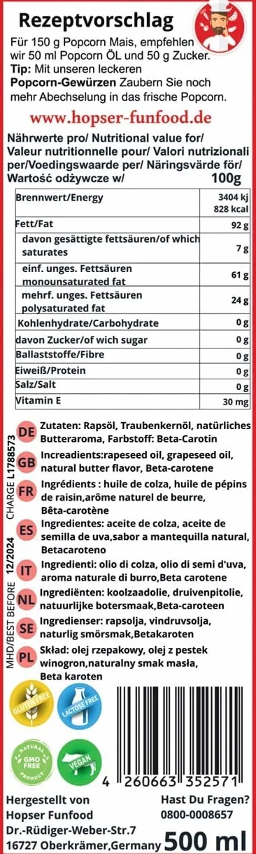 Hopser Food Fun 500 ml oleju do popcornu o delikatnym naturalnym smaku masła i praktycznym dzióbkiem do nalewania popcornu o smaku masła kukurydzianego nadającego się do podgrzewania tłuszcz symfonia rzepaku o smaku oleju z pestek winogron i masła