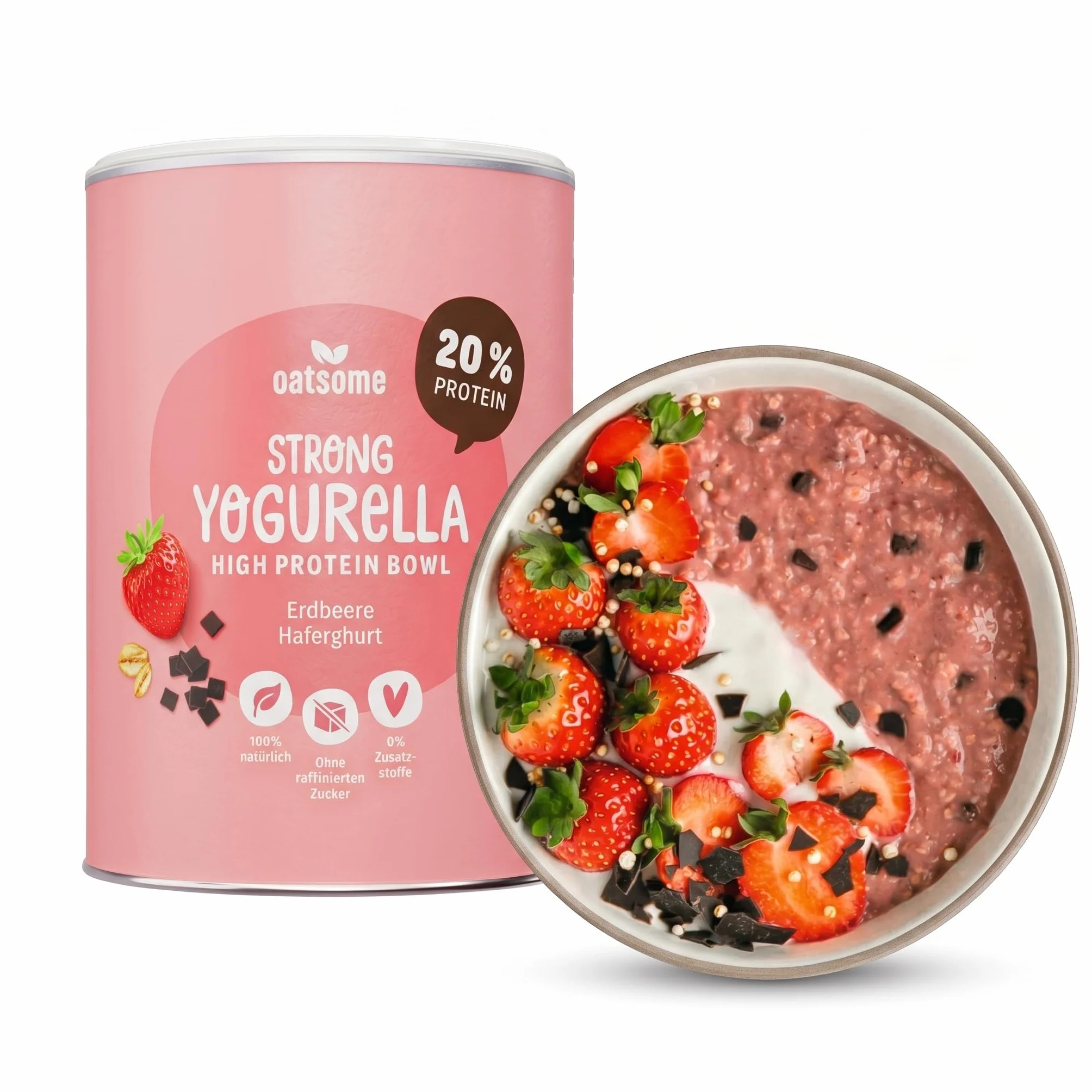 OATSOME Strong Yogurella miska wysokobiałkowa truskawki gurt owsiany czekoladowe chipsy 12 g białka wegańskie bez rafinowanego cukru