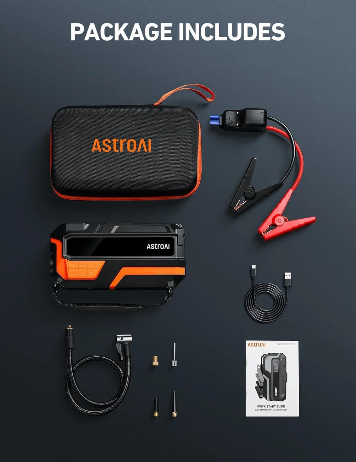 AstroAI MF16 Booster Rozrusznik 6000A i 150PSI Przenośna sprężarka powietrza, awaryjny rozrusznik do samochodów/motocykli (10 l benzyny/8 l oleju napędowego) z latarką LED i wyświetlaczem