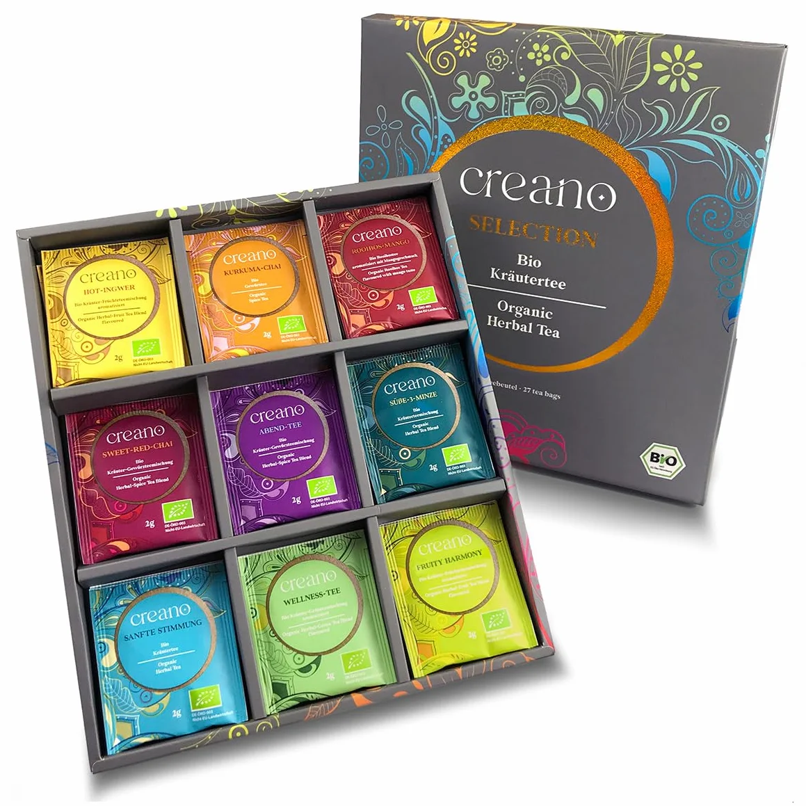 Zestaw prezentowy herbaty ziołowej Creano Organic „Herbata ziołowa organiczna” – 27 torebek herbaty organicznej w 9 różnych wariantach – 54 g – NOWOŚĆ*