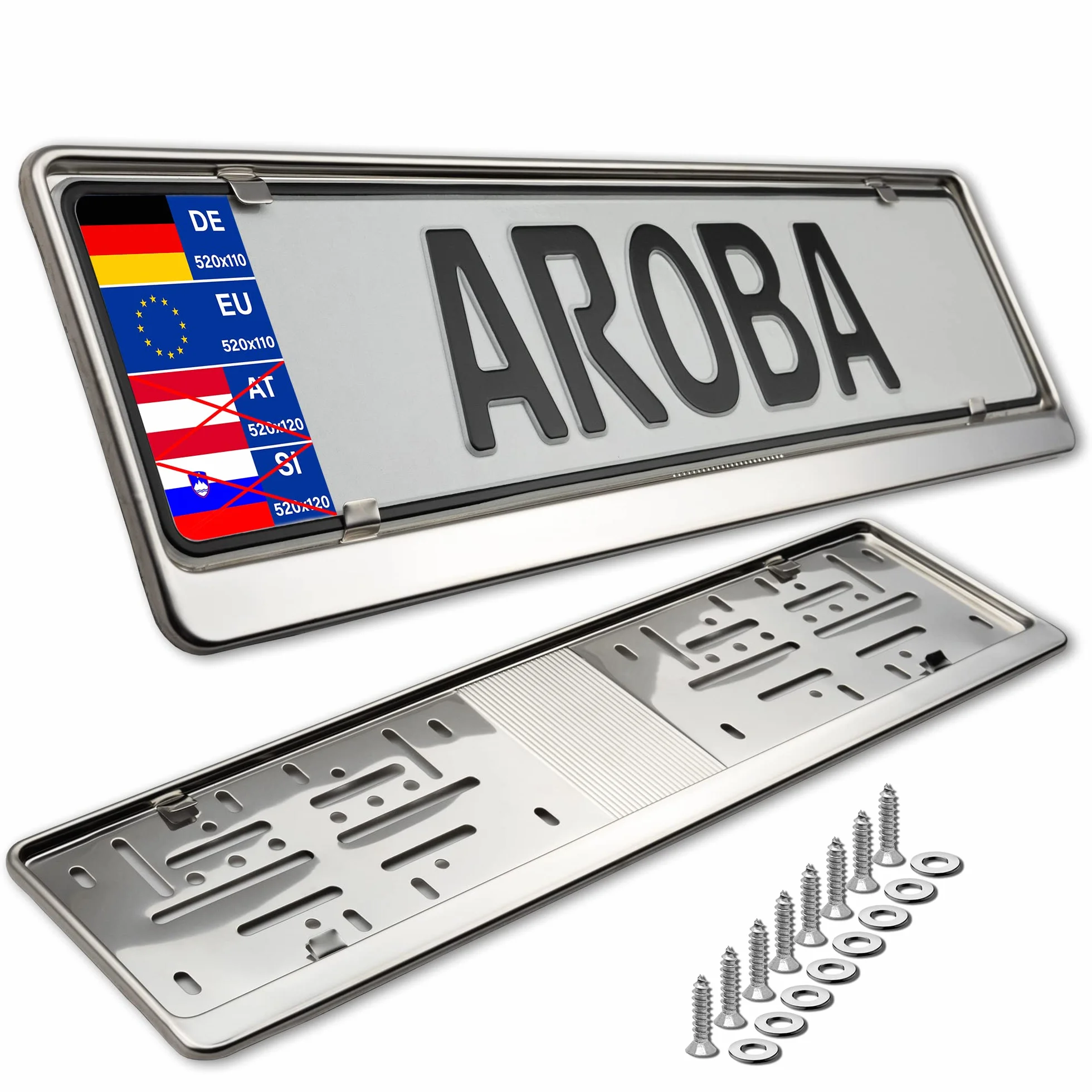 AROBA 2 x uchwyt tablicy rejestracyjnej premium, 100% stal nierdzewna, polerowana, do Niemiec i UE (wymiary 520 mm x 110 mm) uchwyt tablicy rejestracyjnej INOX stal nierdzewna V2A