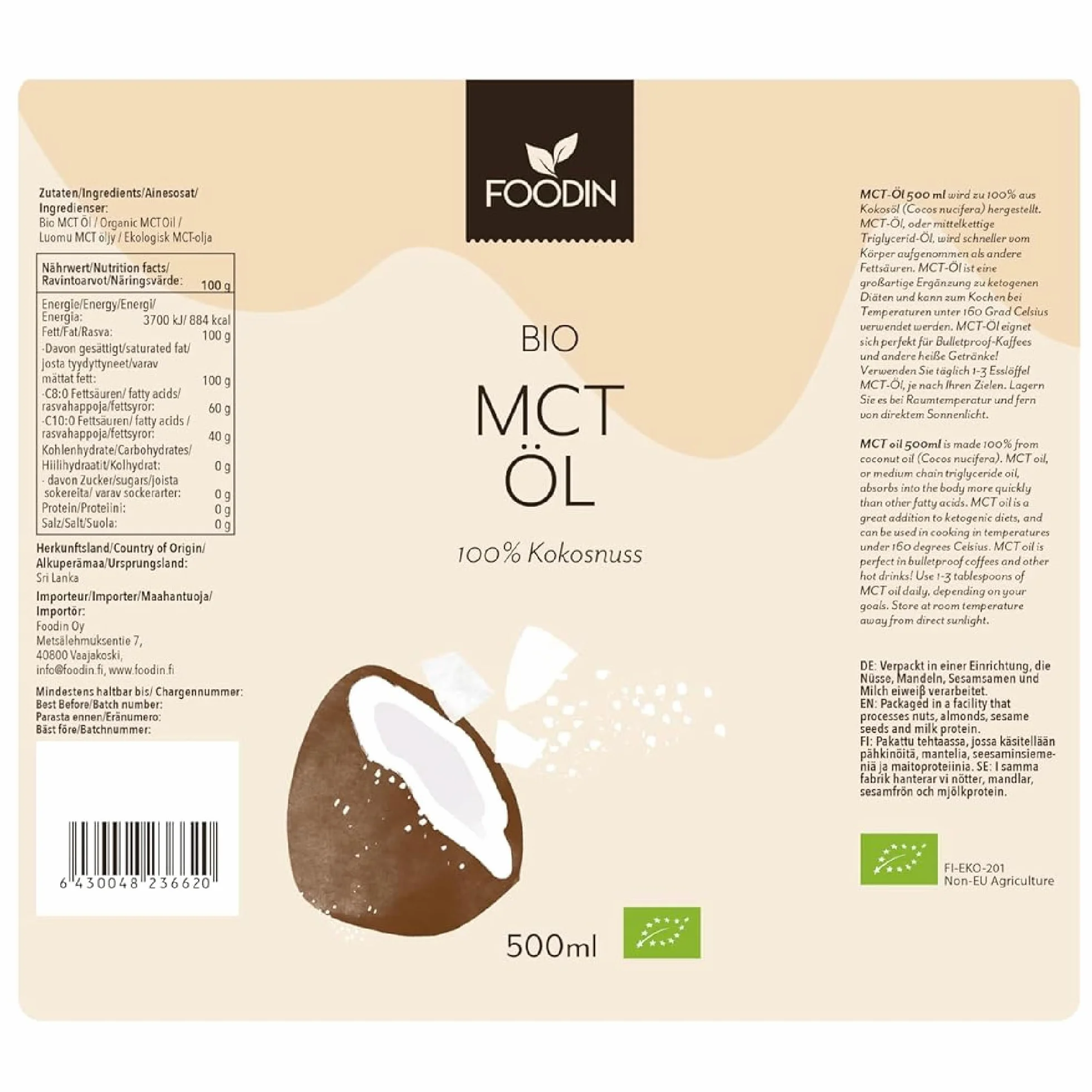FOODIN Ekologiczny Olej MCT z Kokosa 1000 ml (2 x 500 ml) – 100% C8 i C10 Średniołańcuchowe Kwasy Tłuszczowe, Bezzapachowy i Bezsmakowy, Keto, Wegański, Bezglutenowy