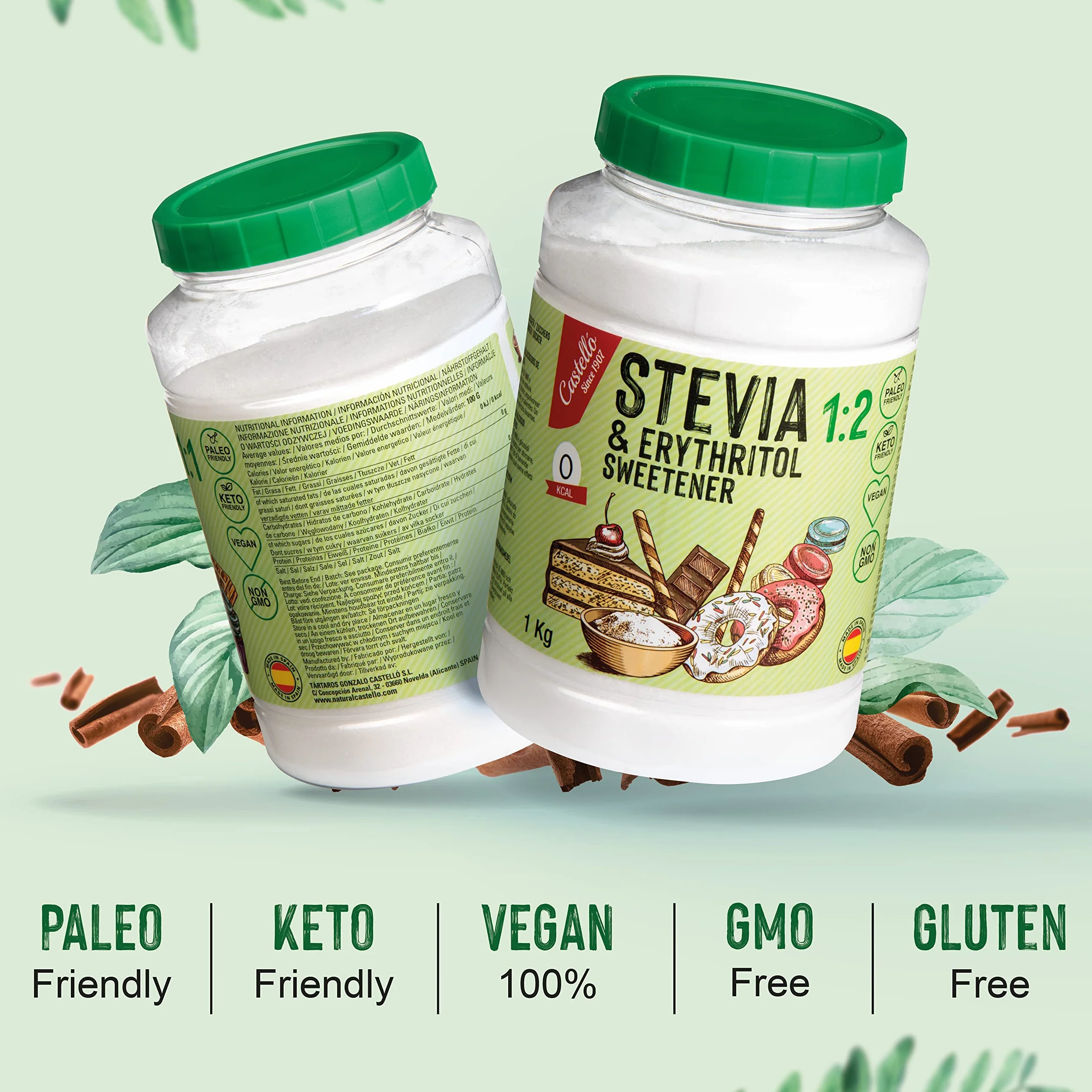 Słodzik Stevia + Erytrytol 1:2 | 1g = 2g cukru | Słodzik o 100% naturalnym smaku - 0 Kalorii - 0 Indeks Glikemiczny - Keto i Paleo - 0 Węglowodanów Netto - Bez GMO - Castello since 1907-1 kg