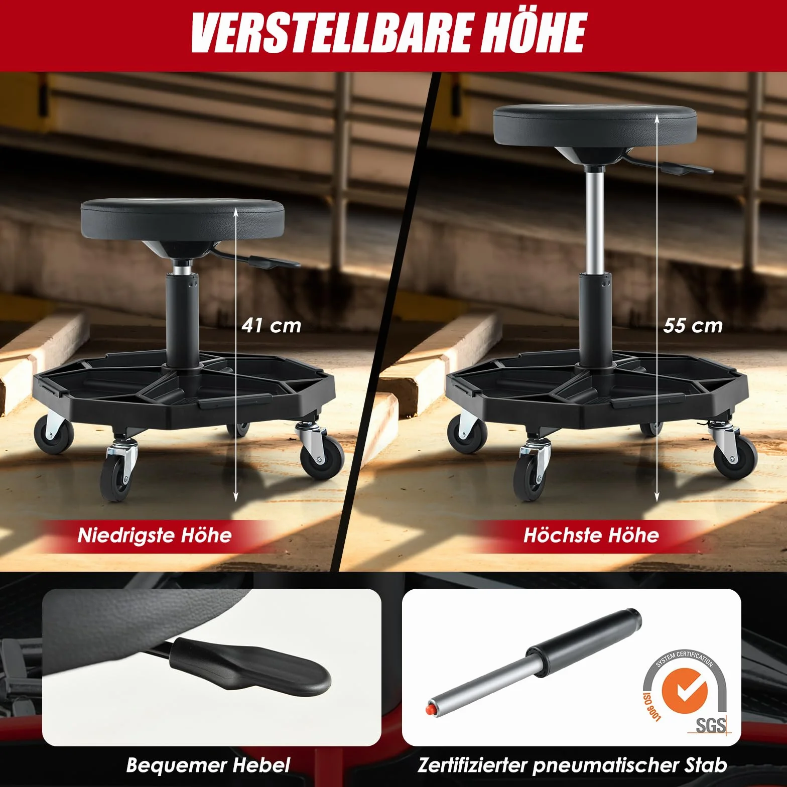 COSTWAY Taboret warsztatowy, fotel warsztatowy, siedzisko na kółkach, obciążenie 150 kg, regulacja wysokości 41-55 cm, siedzisko warsztatowe z półką i 4 kółkami, taboret roboczy na narzędzia