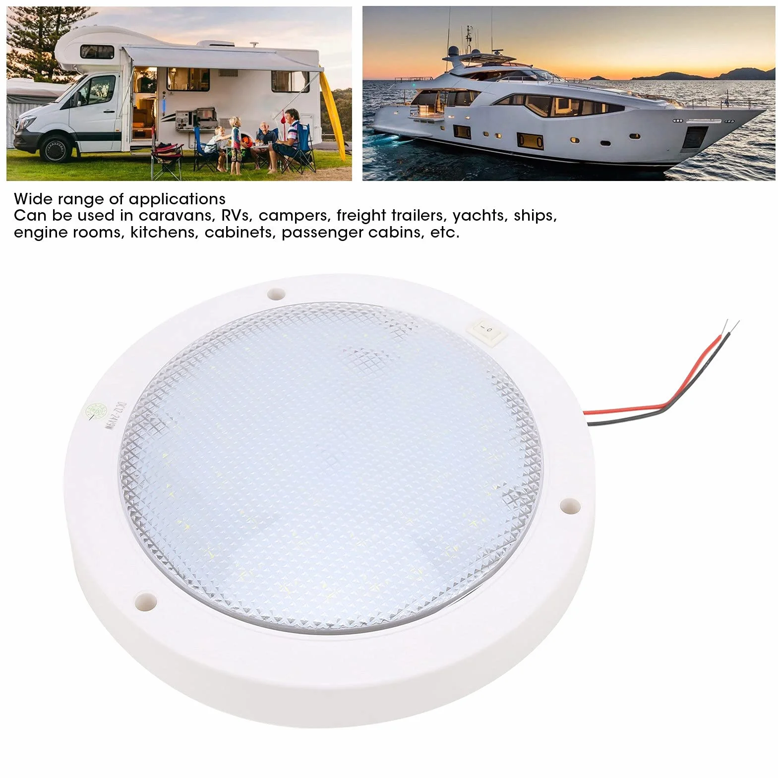 Buachois Lampa sufitowa LED do samochodu, lampa sufitowa LED do łodzi, 12 V wewnętrzna lampa dachowa, 300 LM RV Lampy LED uniwersalne do samochodów kempingowych przyczep kempingowych łodzi jachtu