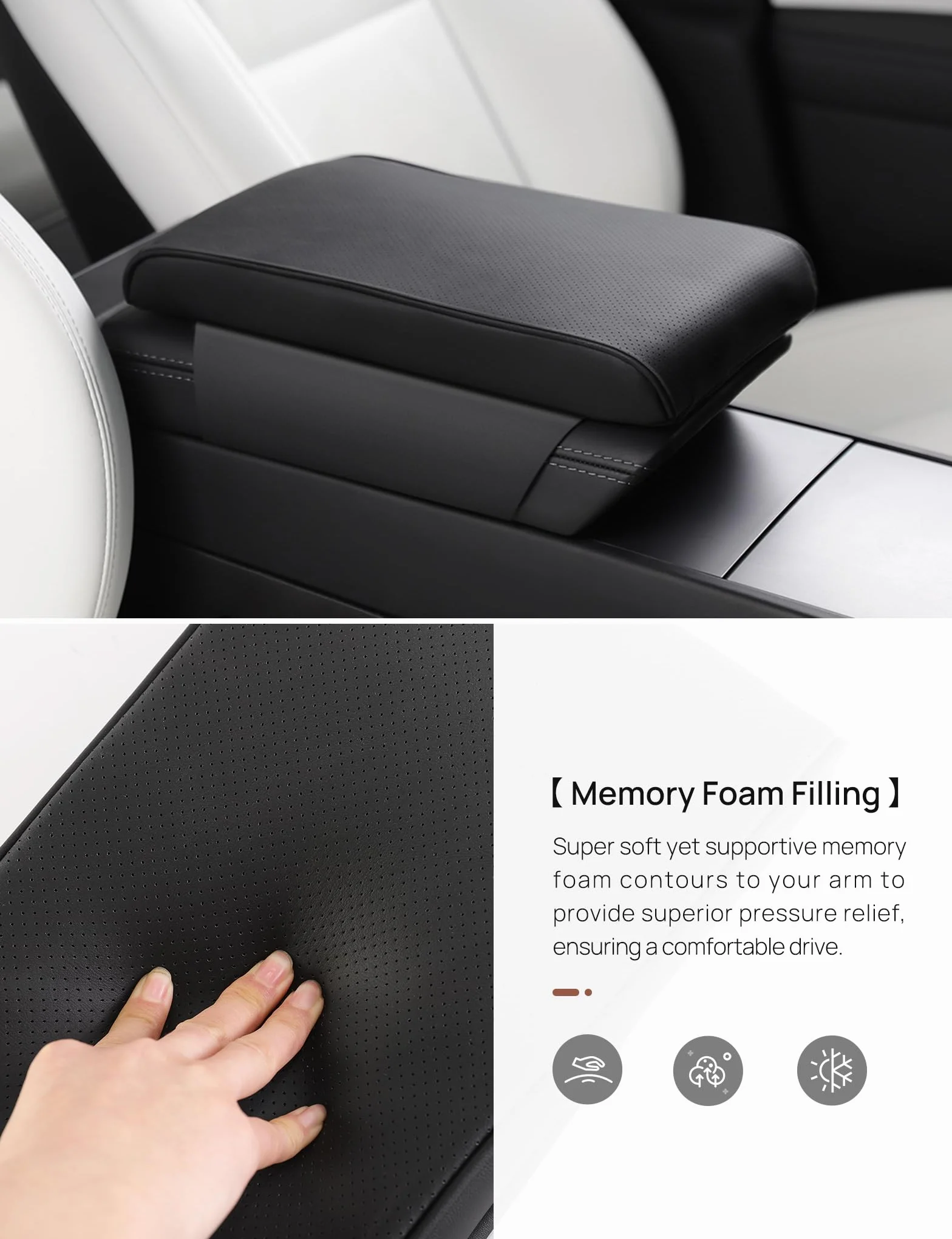 TPARTS Leather Armrest Support Cushion for Tesla Model 3/Y/X/S Tesla Armrest Decor Interior Accessories Memory Foam Console Pillow Elbow Rest Cover Pad (Black)