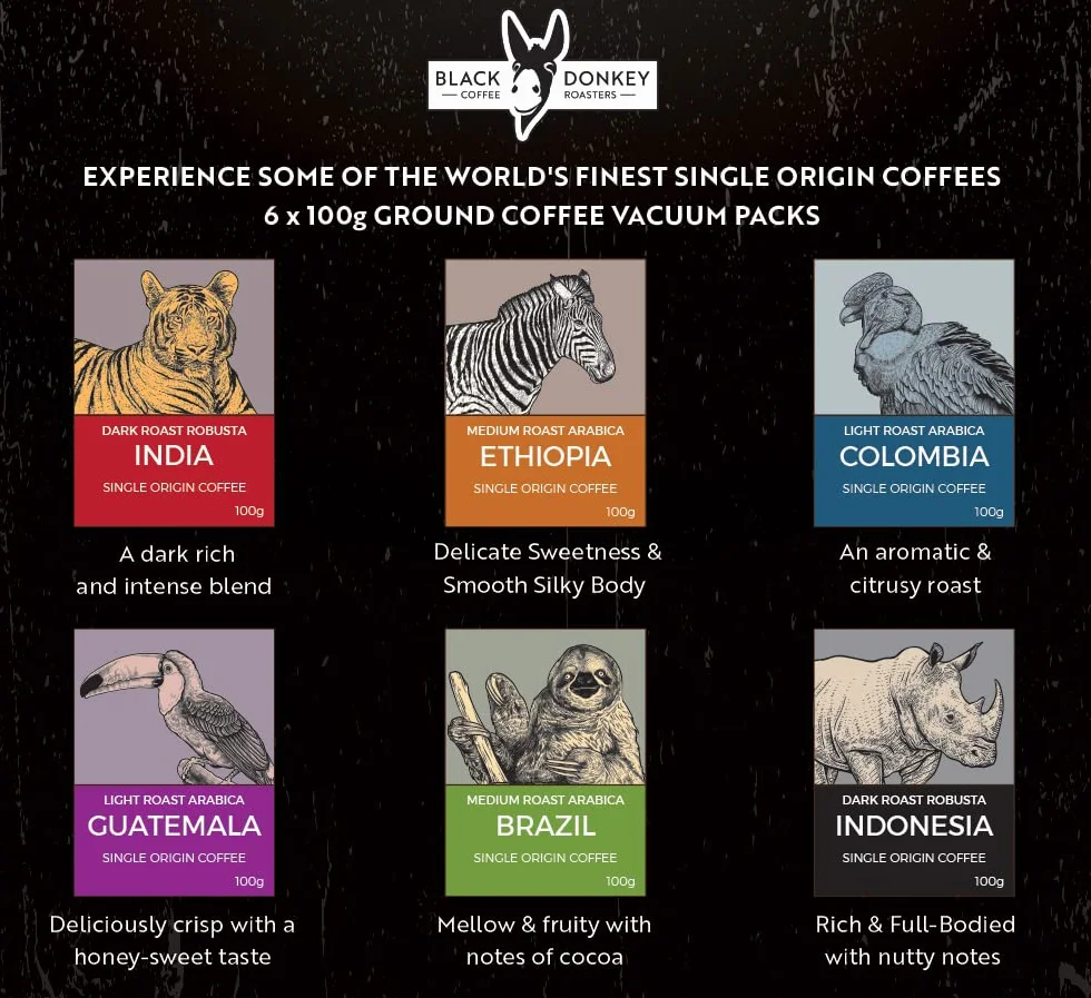 Zestaw Kawa Mielona COFFEES OF THE WORLD 600g (6 x 100g) 6 Kaw Jednorodnych