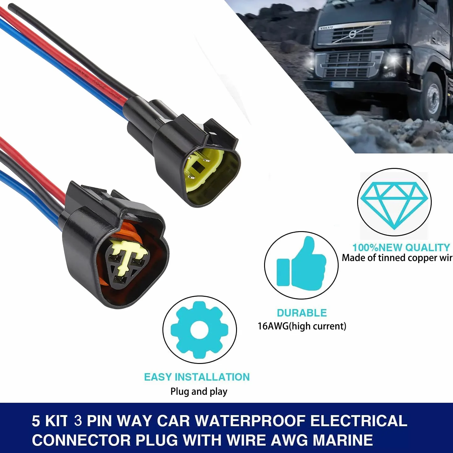 Kabel wtykowy, 12 V, 3-biegunowe przyłącze elektryczne do samochodu, wodoszczelne, szybkie złącze z kablem 16AWG do samochodów osobowych