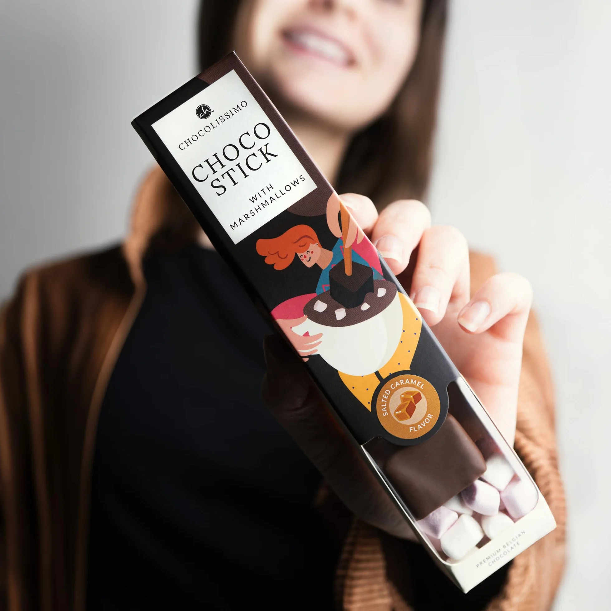 CHOCOLISSIMO ChocoStick Słony karmel Belgijska czekolada do picia o smaku słonego karmelu na patyku z piankami marshmallow 40 g