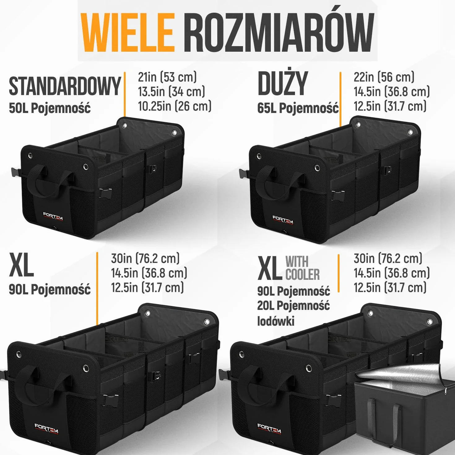 FORTEM Organizer Bagażnika Samochodowego SUV, Składany z Przegródkami, Antypoślizgowy Spód, Regulowane Pasy Mocujące, Składana Pokrywa, Praktyczne Przechowywanie Akcesoriów (65L)