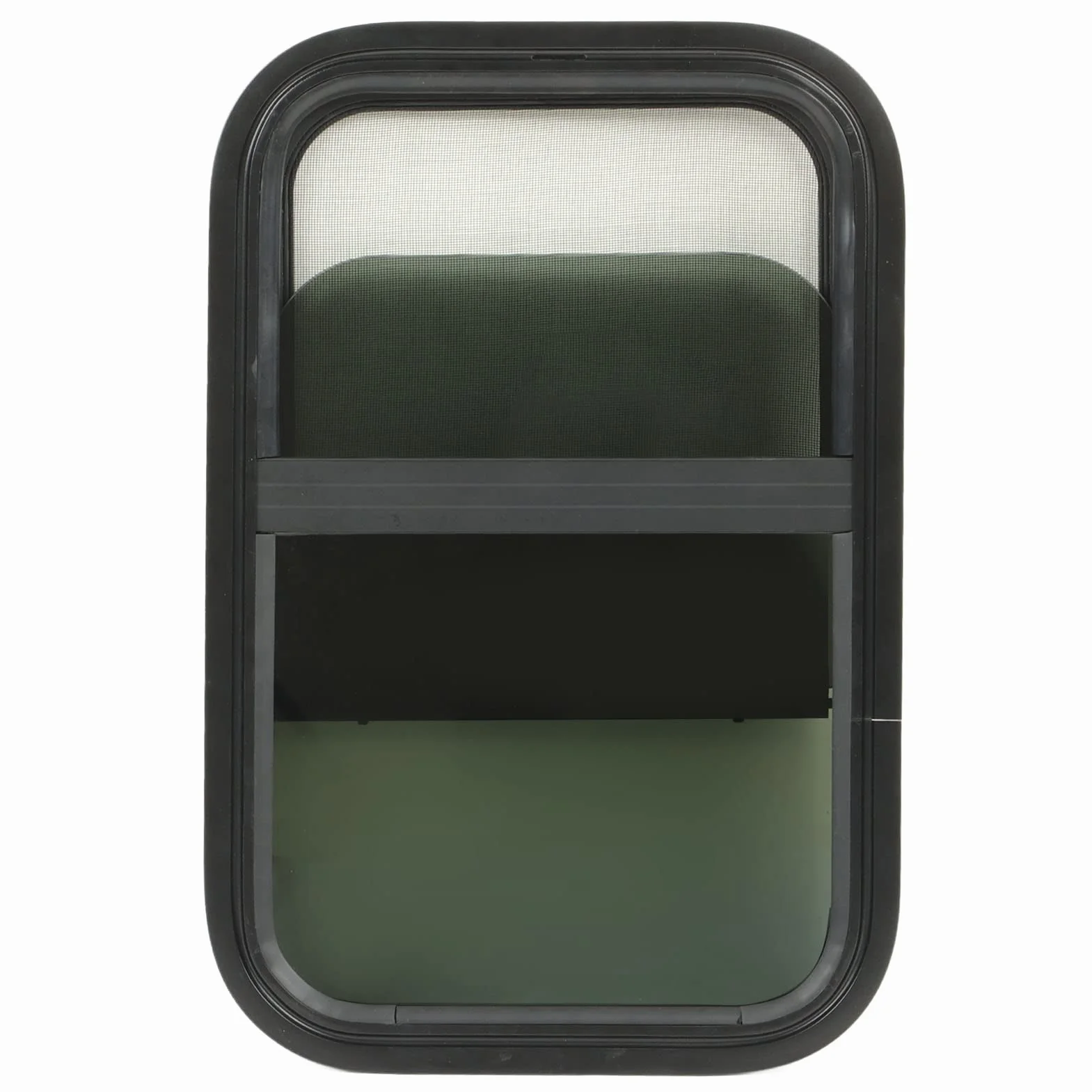 RV Window Replacement, 590x390mm Pionowe Poziome Przesuwne Przyciemniane Szkło Hartowane Okno do Przyczepy Okno do Kampera Zaokrąglone Okna Przesuwne do Pojazdów Inżynieryjnych