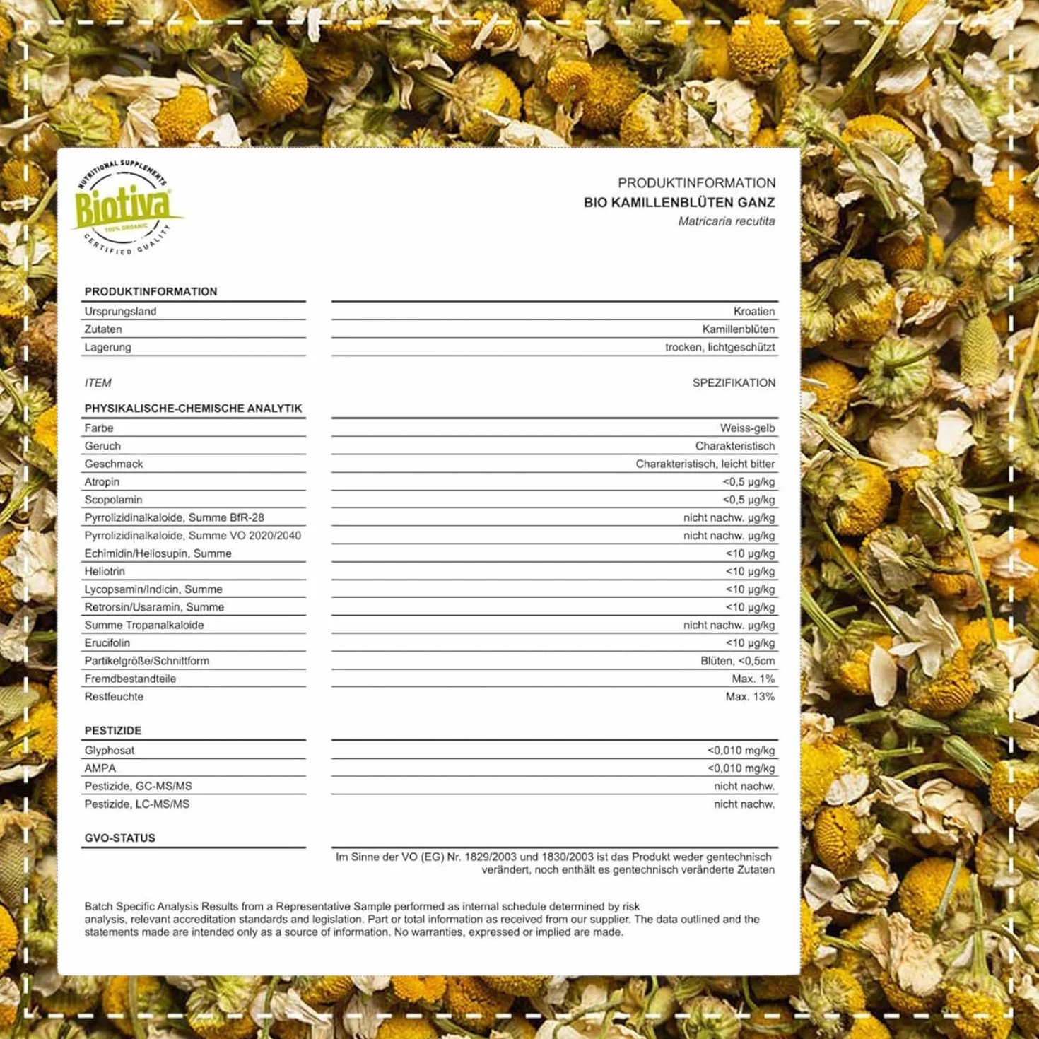 Biotiva Kwiaty Rumianku Herbata Bio 250g - Uprawa UE - Najwyższej jakości ekologiczne kwiaty rumianku - Herbata rumiankowa - Rozlewana i kontrolowana w Niemczech (DE-ÖKO-005)