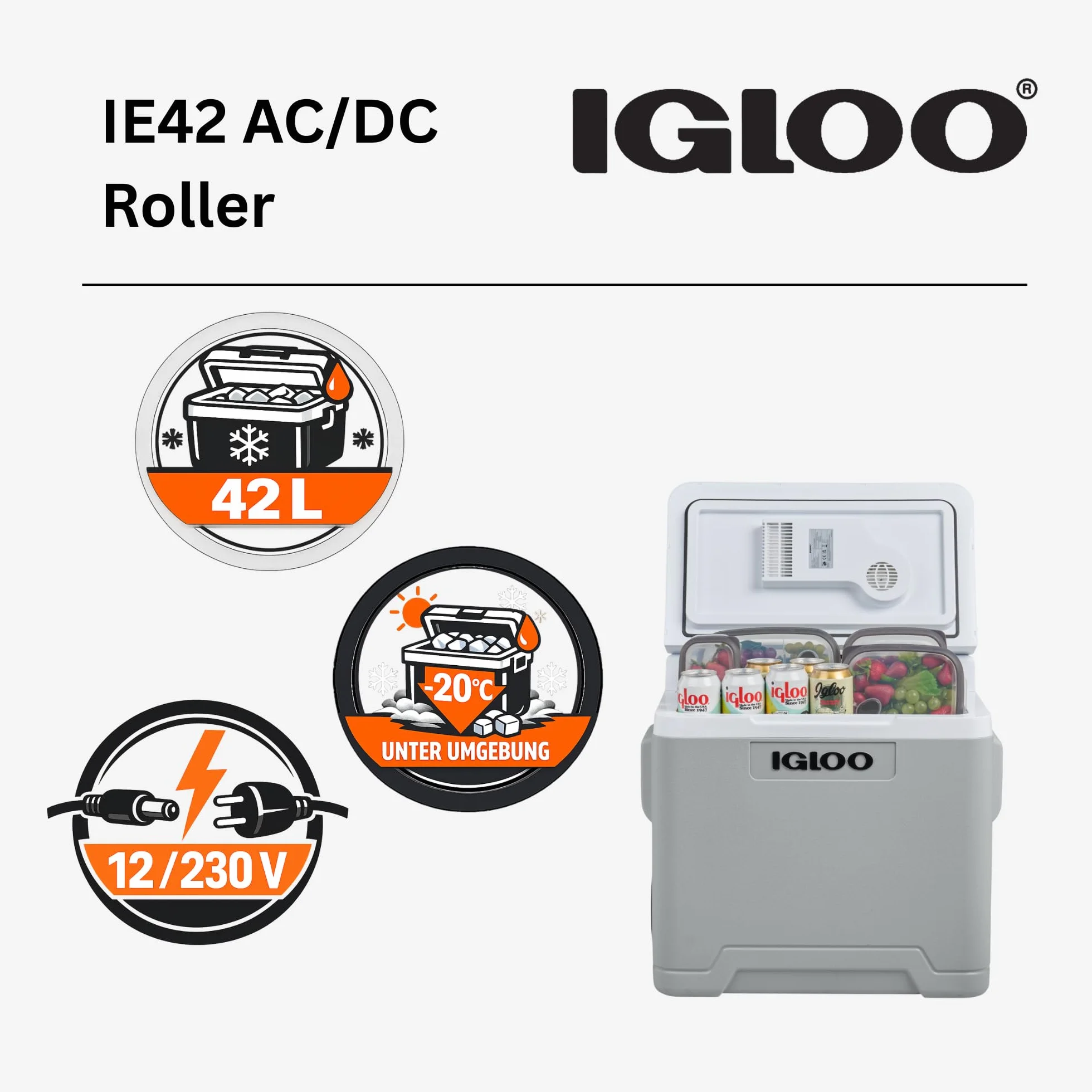 IGLOO IE42 elektryczna lodówka turystyczna 12V/230V, 42L – kompaktowa lodówka samochodowa na kemping, łódź i festiwale, z kółkami i teleskopowym uchwytem, schowkiem na kabel oraz trybem Eco/Max