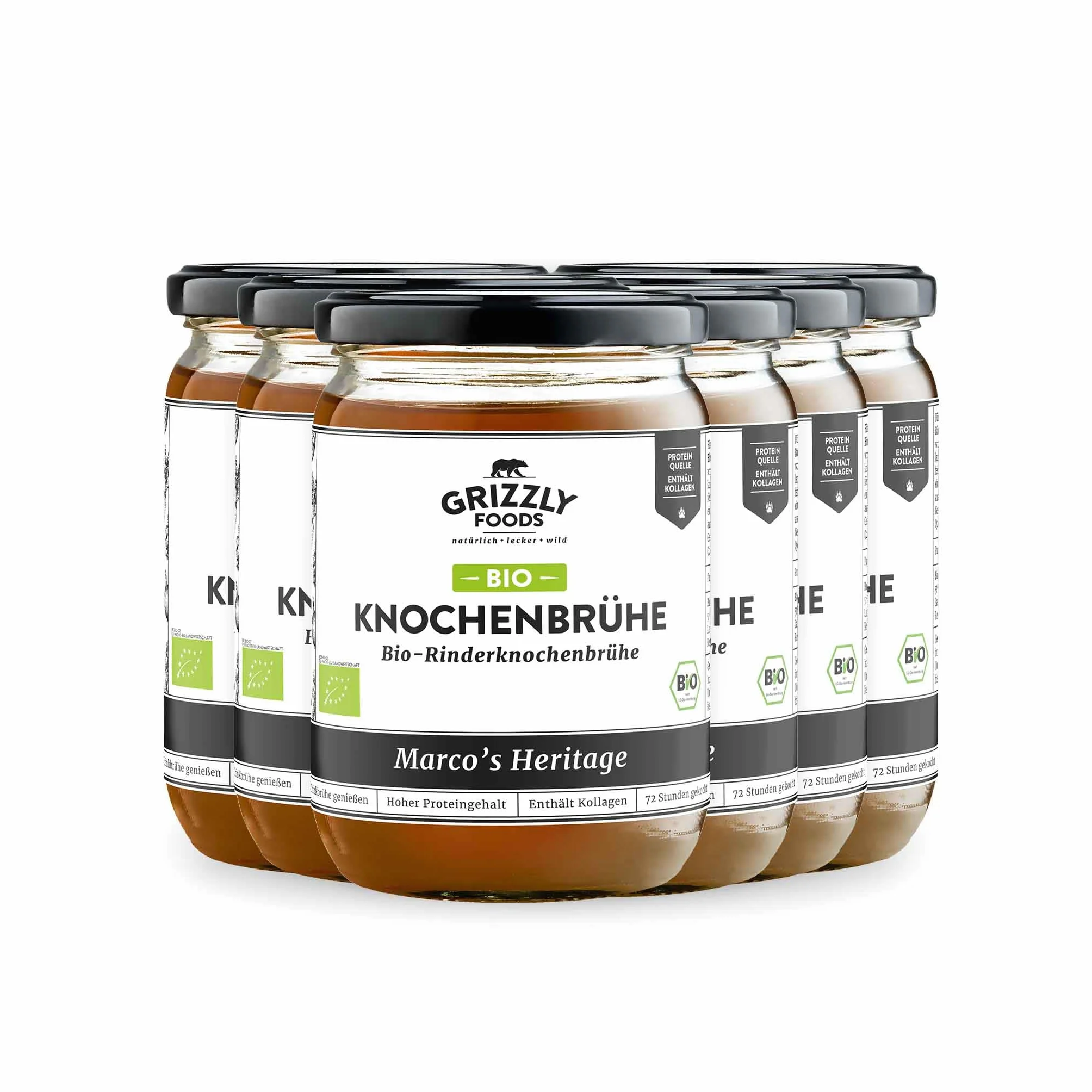 Grizzly Foods • Bio bulion z kości wołowej (6 x 500 ml) • 25 g kolagenu na szklankę • gotowany przez 72 godziny • 100% naturalny • bez cukru, bez dodatków • wartościowe składniki odżywcze • Bone Broth